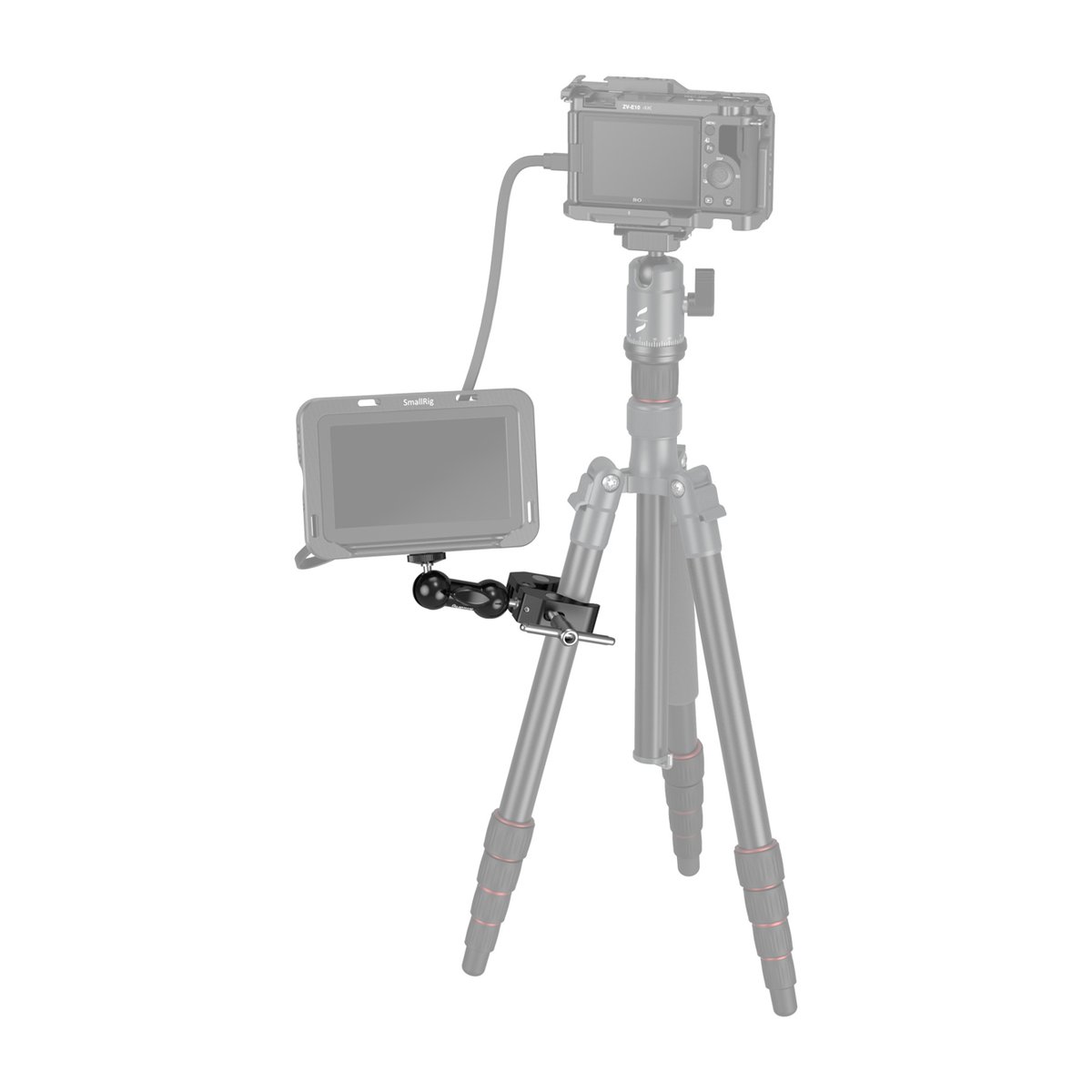 SmallRig 1138B Crab-Shaped Clamp Kit mit Ballhead Gelenkarm - Anwendungsbeispiel: Monitor am Stativbein mit Gelenkarm befestigt