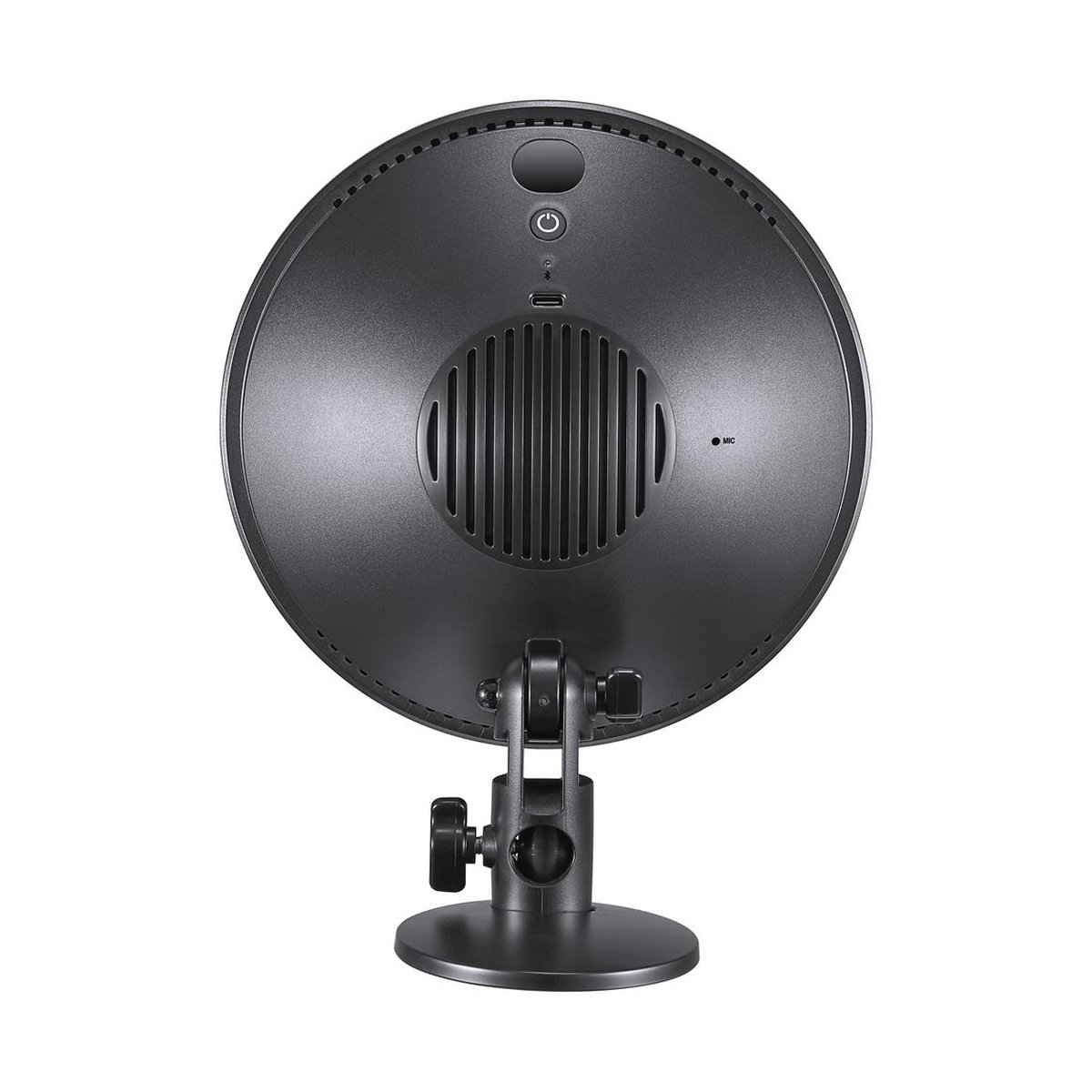 Godox CL10 Ambient LED Licht - Rückansicht eines runden Geräts mit Bedienelementen, Anschlüssen und Lüftungsgitter auf Standfuß.