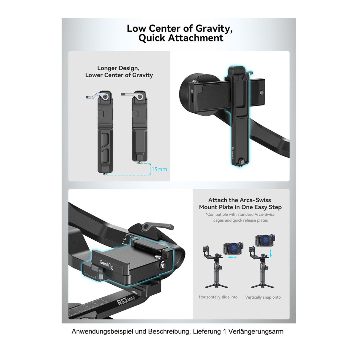 SmallRig 4196 Verlängerter vertikaler Arm für DJI RS 3 Mini - Anwendungsbeispiel und technische Beschreibung: Verlängerungsarm mit tiefem Schwerpunkt und Arca-Swiss Schnellmontage.