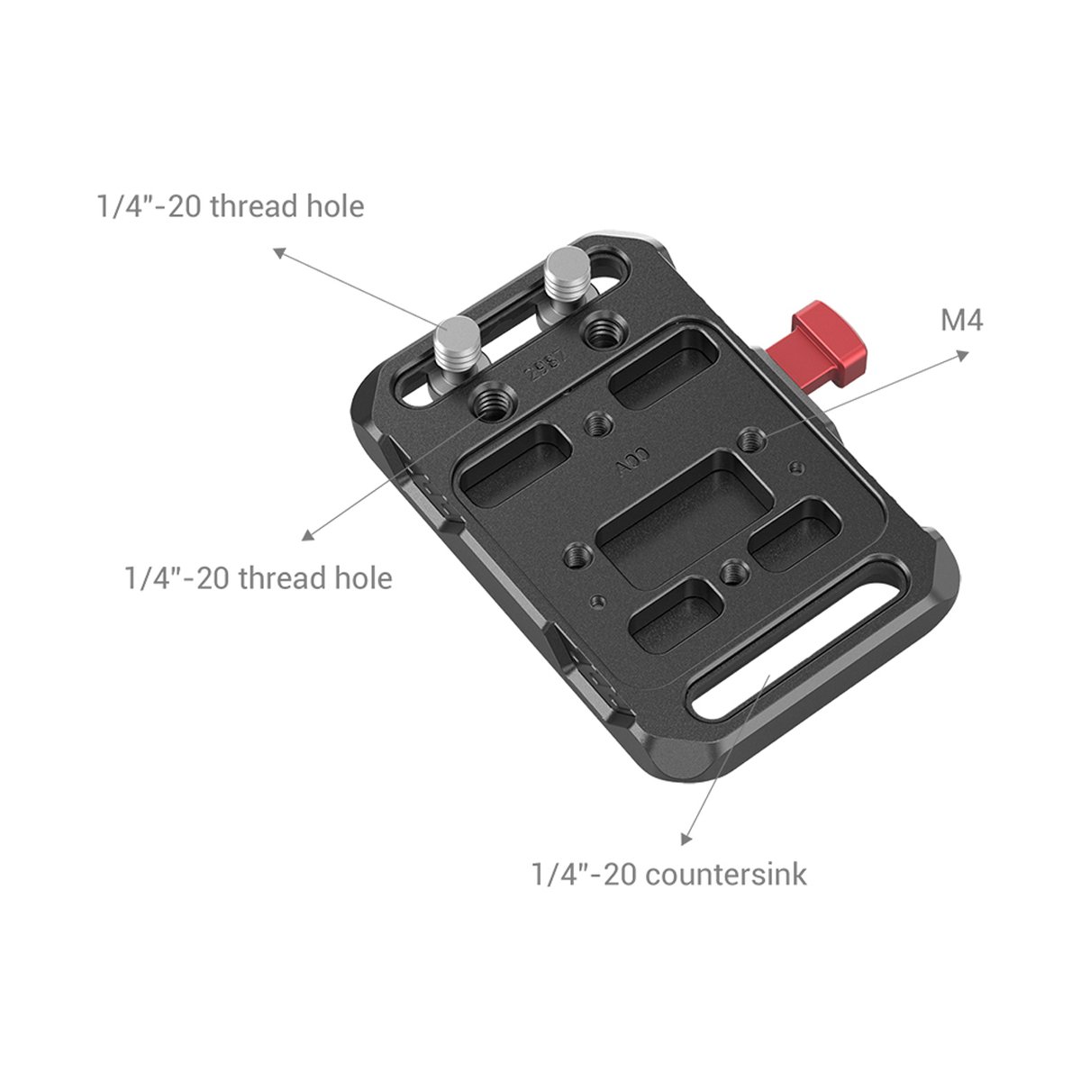 SmallRig 2987 Mini V-Mount Battery Plate Batterieadapter-Platte - Detailansicht der schwarzen Montageplatte mit Kennzeichnung der 1/4"-20 und M4 Gewindebohrungen.