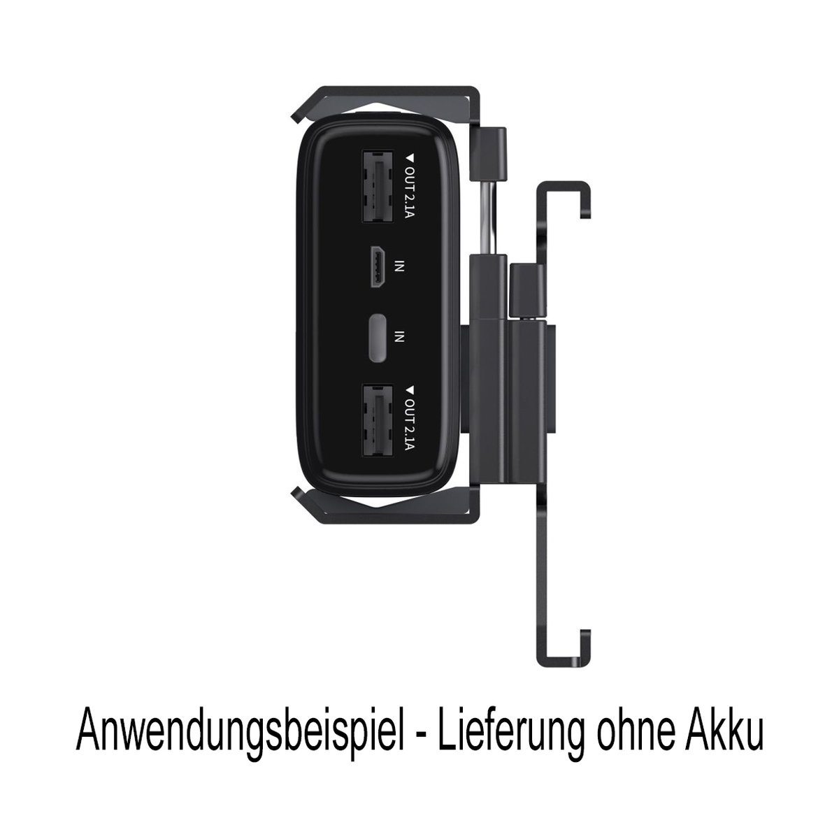 SmallRig 4318 Powerbank Clip für RC60B - Anwendungsbeispiel: Detailansicht der Anschlüsse einer schwarzen Powerbank in Halterung.