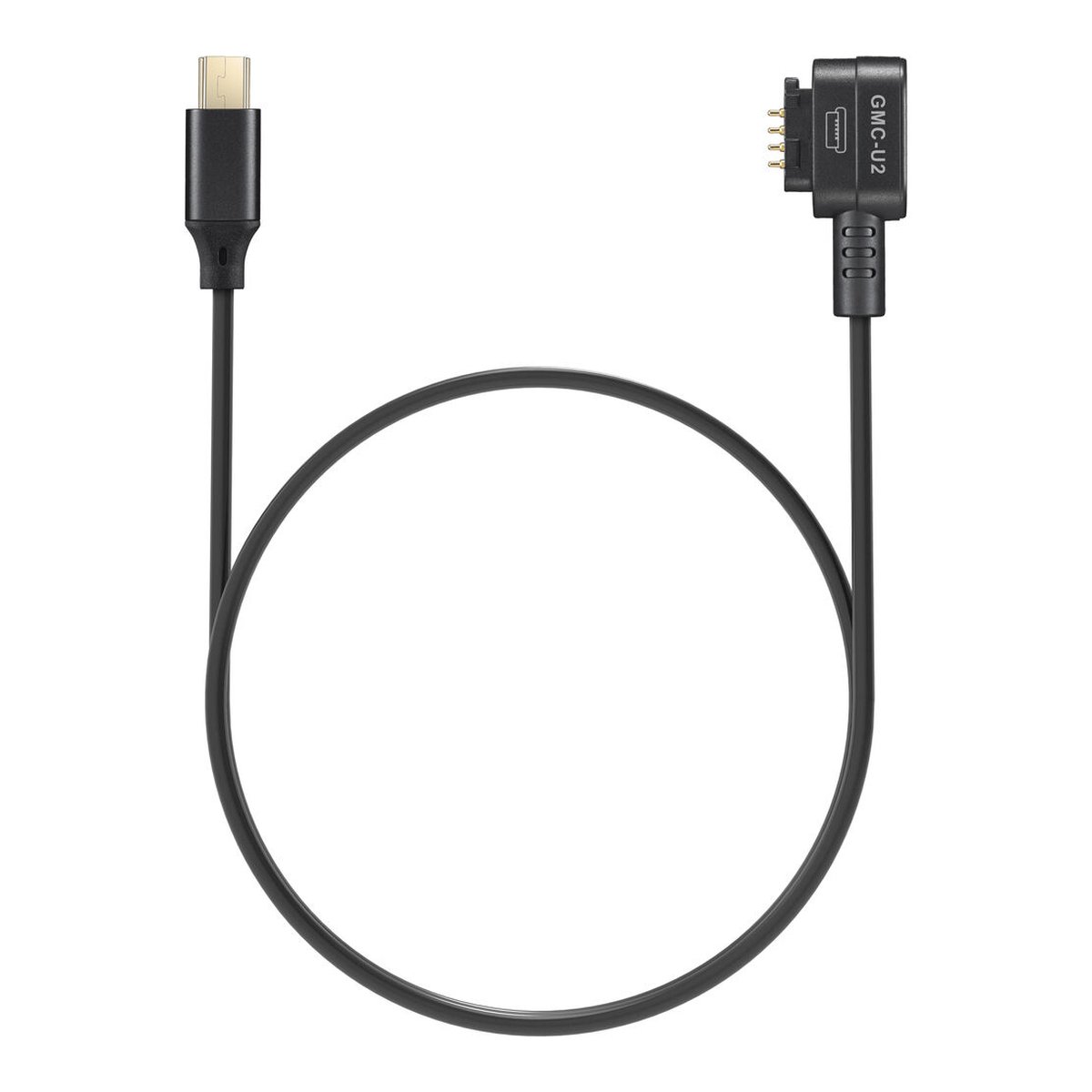 Godox Monitor Kamera-Steuerkabel (Mini USB) - Frontansicht: Schwarzes Kabel mit USB-C-Stecker und 90-Grad-Stecker mit Pins (GMC-U2).