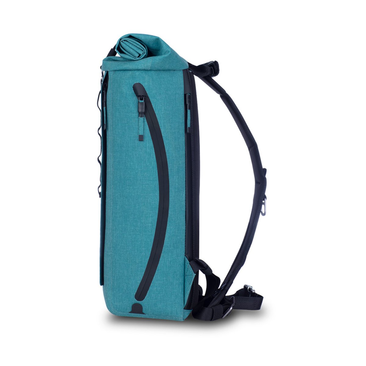 F-Stop DYOTA 11 North Sea (türkis) - Seitenansicht eines türkisfarbenen Roll-Top-Rucksacks mit vertikalem Reißverschluss.