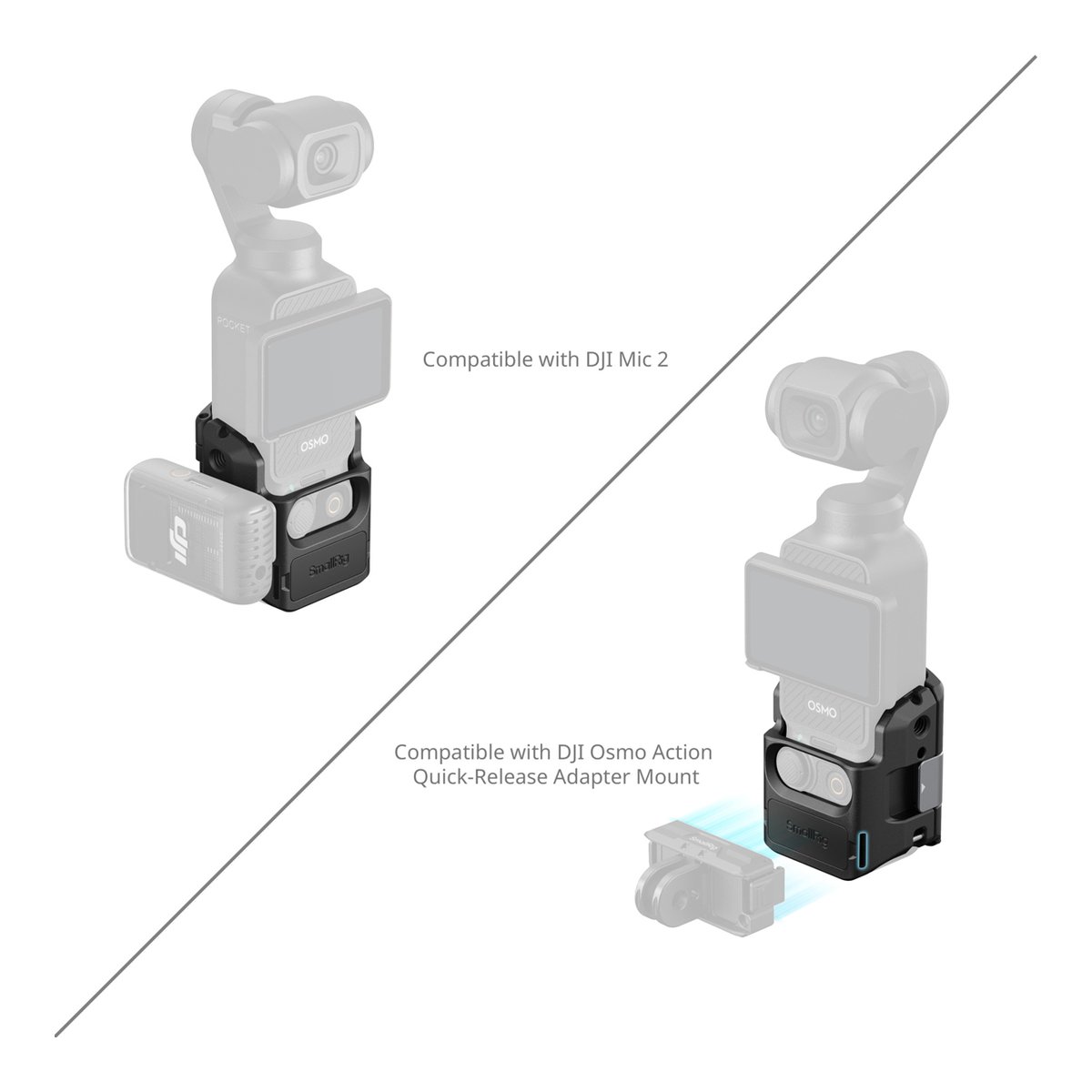 SmallRig 5072 Cage f. DJI Osmo Pocket 3 - Kompatibilität des Adapters mit DJI Mic 2 und Osmo Action Quick-Release Mount