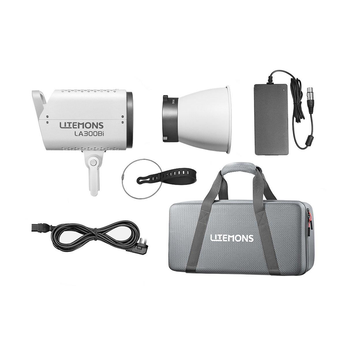 Godox Litemons BI LED Video Light Kit LA300BI K1 - Lieferumfang des Litemons LA300Bi: Studioleuchte, Reflektor, Netzteil, Kabel, Klemme und Transporttasche.
