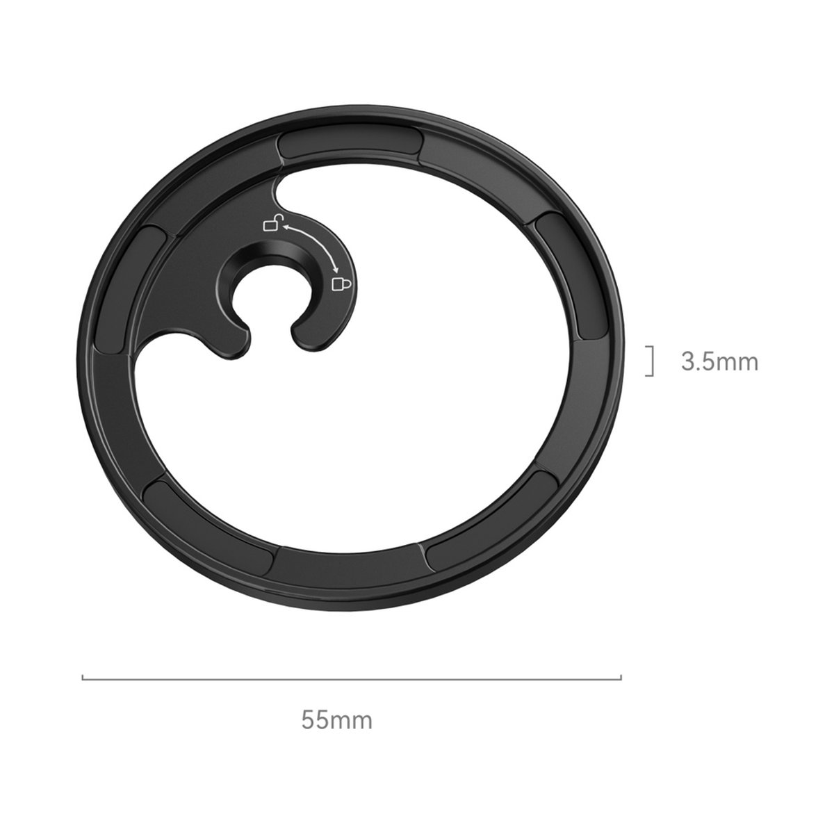 SmallRig 3840C Magnetic Filter Adapter Ring (M Mount) - Produktansicht mit Größenangaben: Schwarzer runder Kabel-Organizer mit Verriegelungsfunktion (55mm, 3.5mm)
