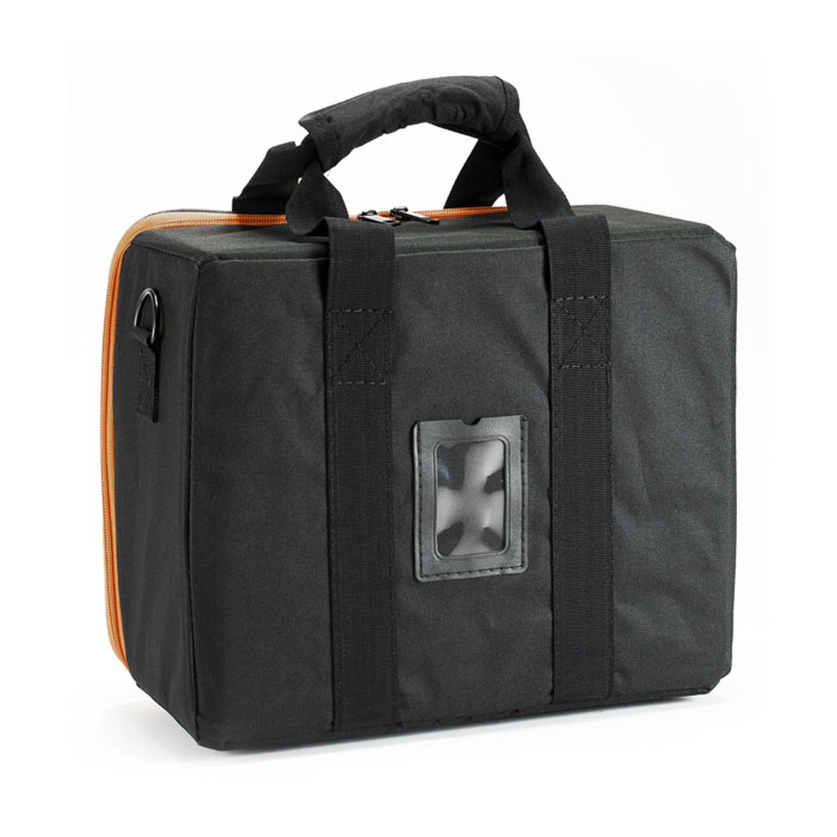 Godox CB-12 Tragetasche - Schrägansicht einer schwarzen Tasche mit orangefarbenem Reißverschluss, gepolsterten Tragegriffen und Ausweisfach.