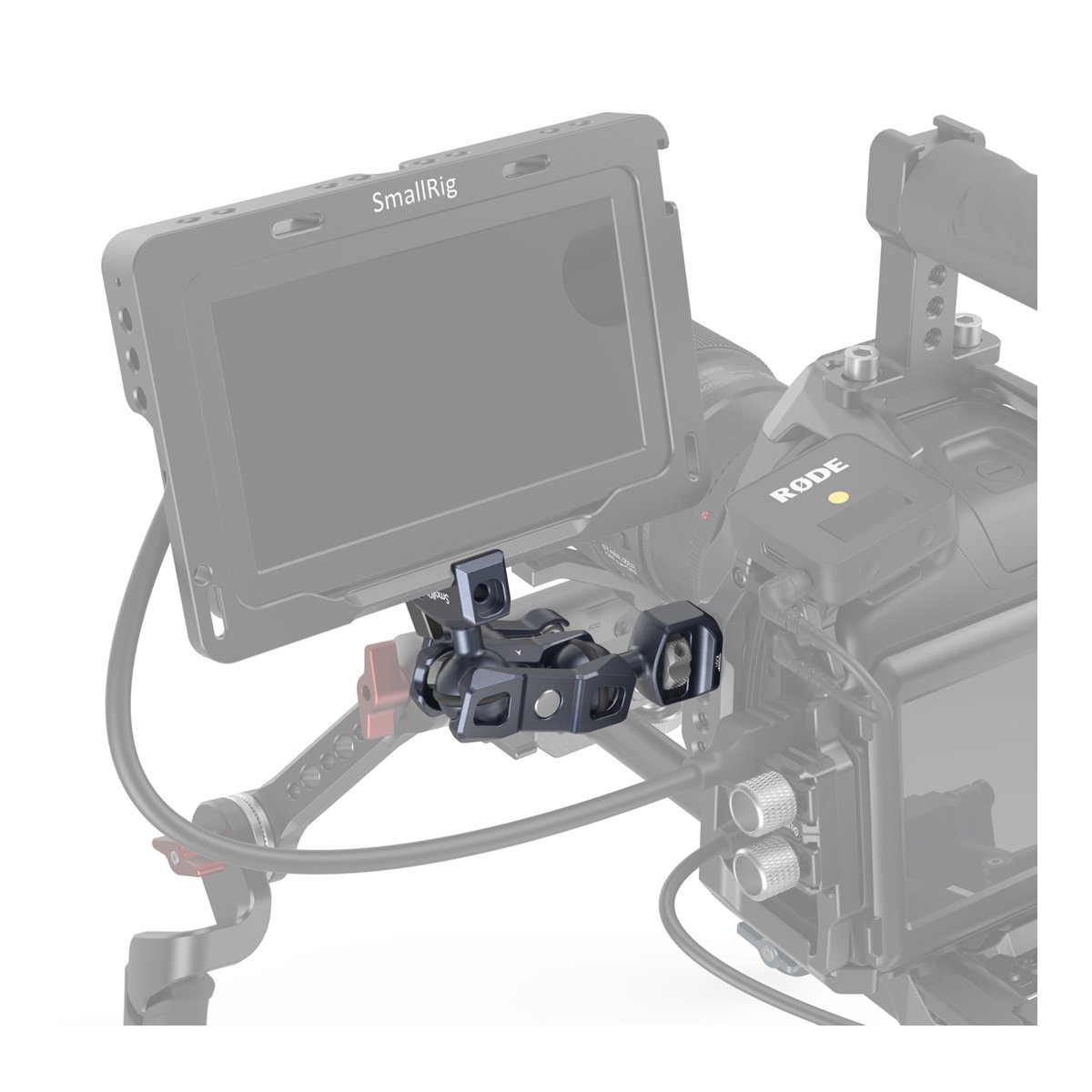 SmallRig 3875 Magic Arm m. Doppelkugel- Kopf (1/4"-20 Schraube+NATO Klemme) - Anwendungsbeispiel: SmallRig Magic Arm befestigt einen externen Monitor an einem Kamerarig.