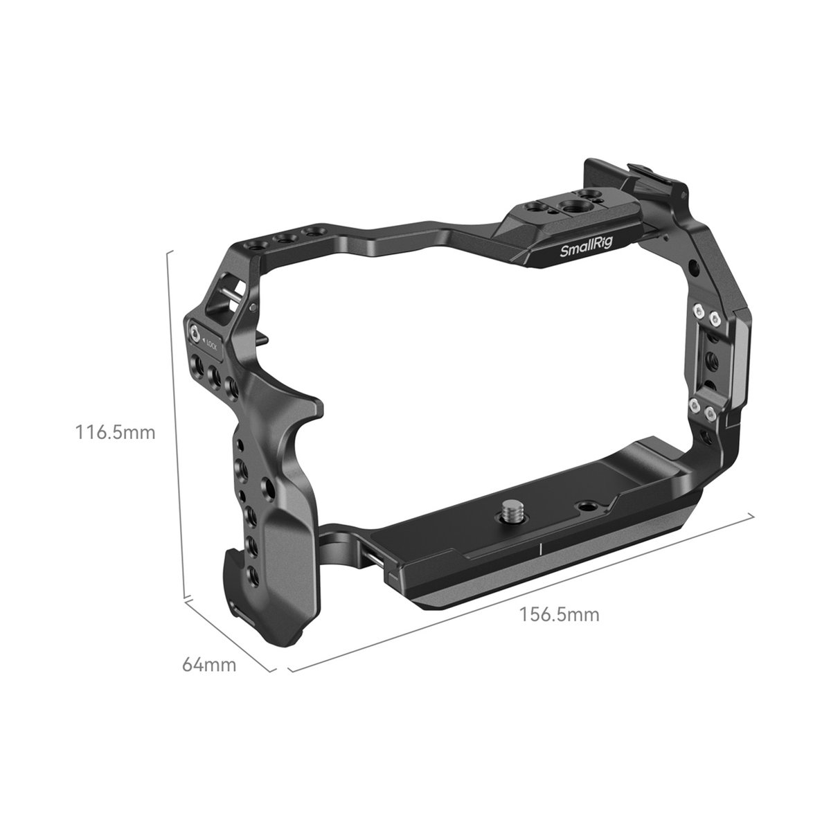 SmallRig 4159B HawkLock QR Cage für Canon EOS R6 II - SmallRig Kamera-Cage mit angezeigten Abmessungen (Höhe, Breite, Länge)