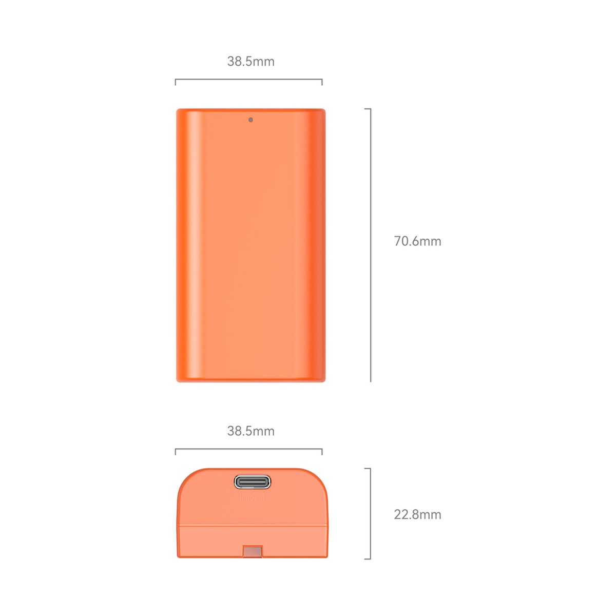 SmallRig 4971 NP-F550 USB-C wiederaufladbarer Kamera-Akku (Orange) - Abmessungen des orangefarbenen Geräts: Draufsicht mit Länge und Breite, Seitenansicht mit Breite und Tiefe.