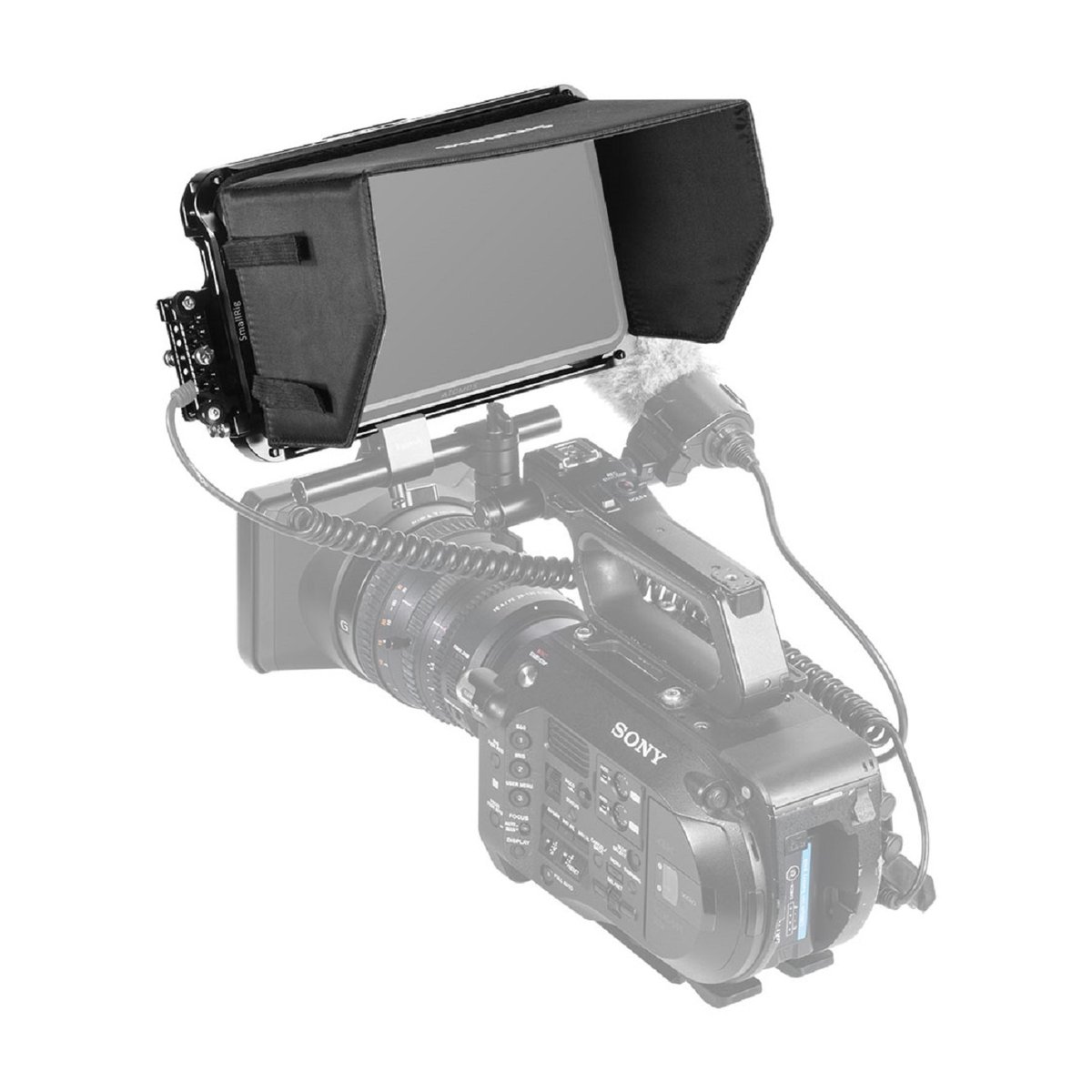 SmallRig 2409 Cage Kit und Sunhood für Atomos Shogun 7 - Anwendungsbeispiel: Monitor mit Sonnenblende auf Kamera