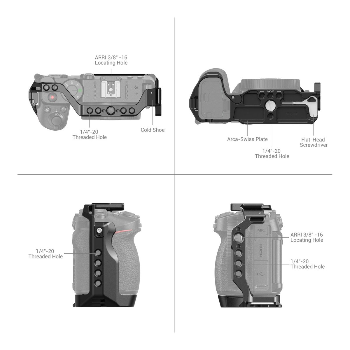 SmallRig 3858 Cage für Nikon Z 30 - Kamerakäfig: Produkt-Diagramm mit detaillierten Ansichten von oben, unten und Seiten, zeigt Gewinde und Befestigungspunkte.