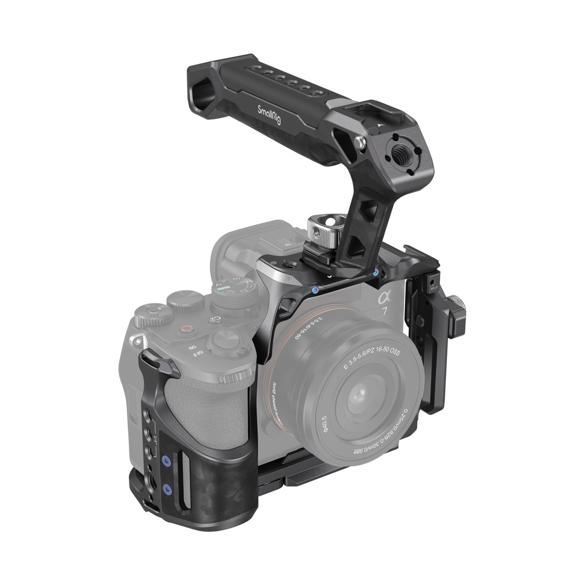 SmallRig 3708 Rhinoceros Basic Cage Kit für Sony Alpha 7R V/IV/7S III - GESAMTANSICHT DES KAMERARIGS MIT KAMERAKÄFIG, TOP-HANDLE UND SEITENGRIFF