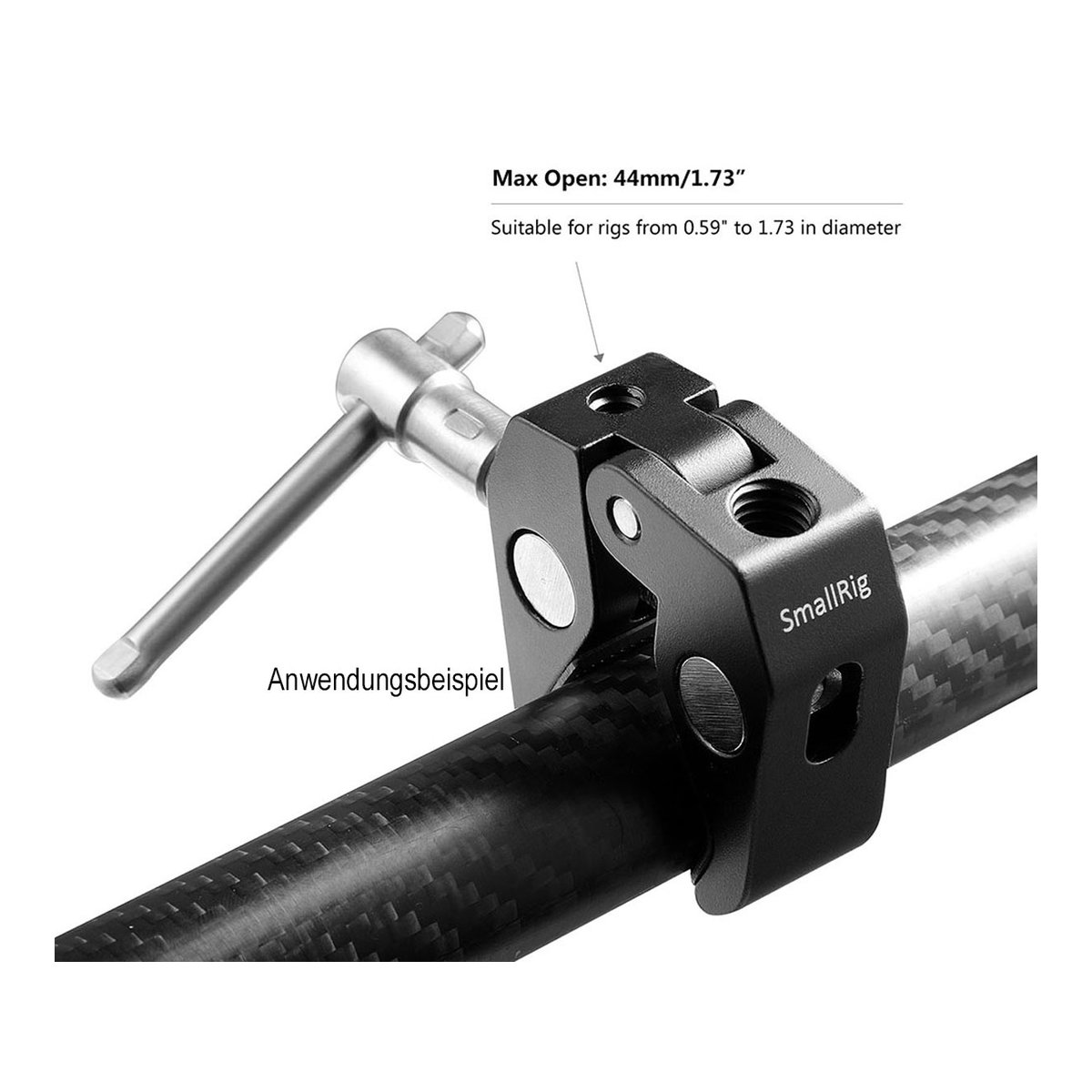 SmallRig 2058 Super Clamp mit 1/4" und 3/8" Gewinde (2 Stück) - Anwendungsbeispiel der SmallRig Super Clamp an einem Rohr mit angezeigten Maßen.