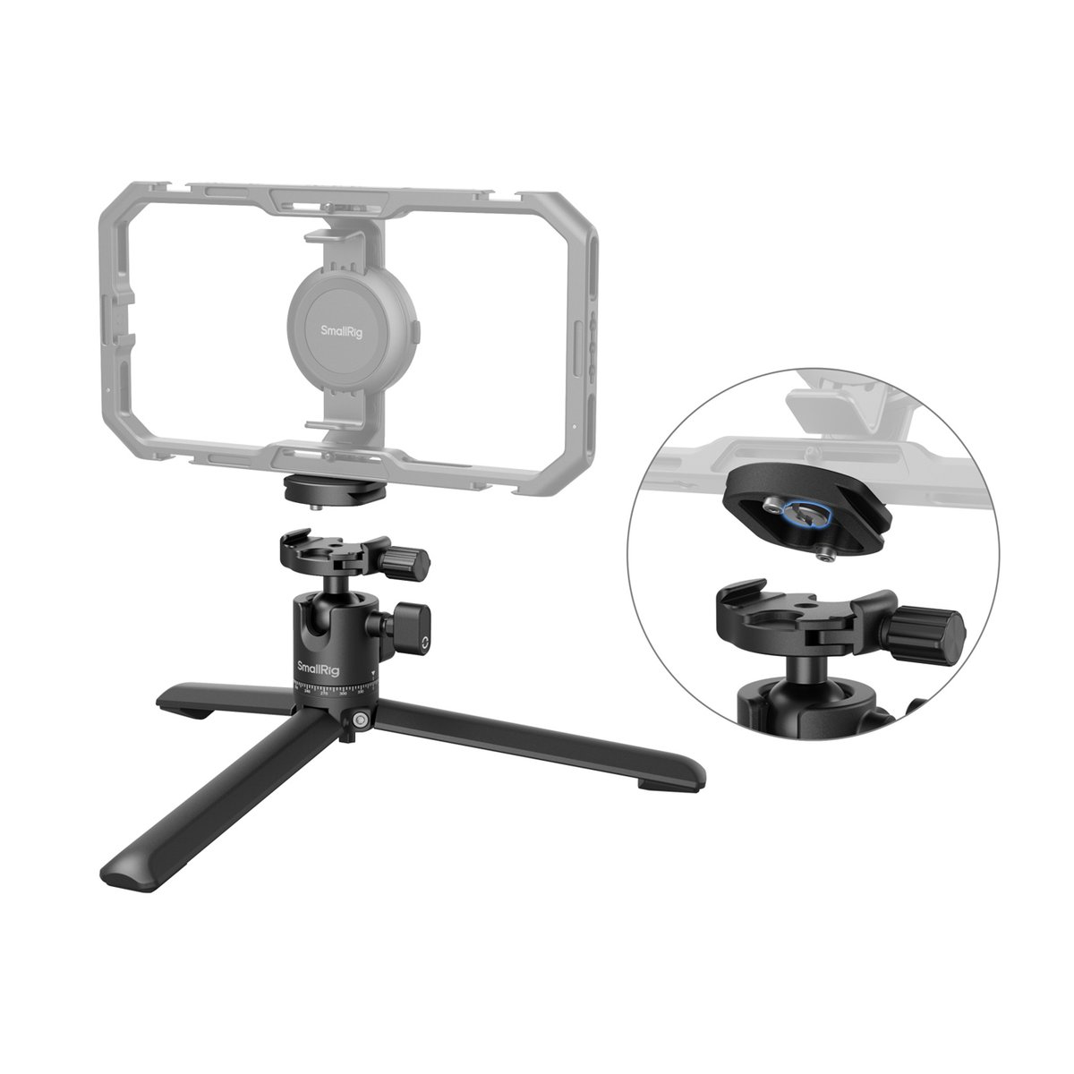 SmallRig 4630 Tischstativ aus Metall - Detailansicht der Schnellwechselplatte des SmallRig Tischstativs mit montiertem Smartphone-Käfig