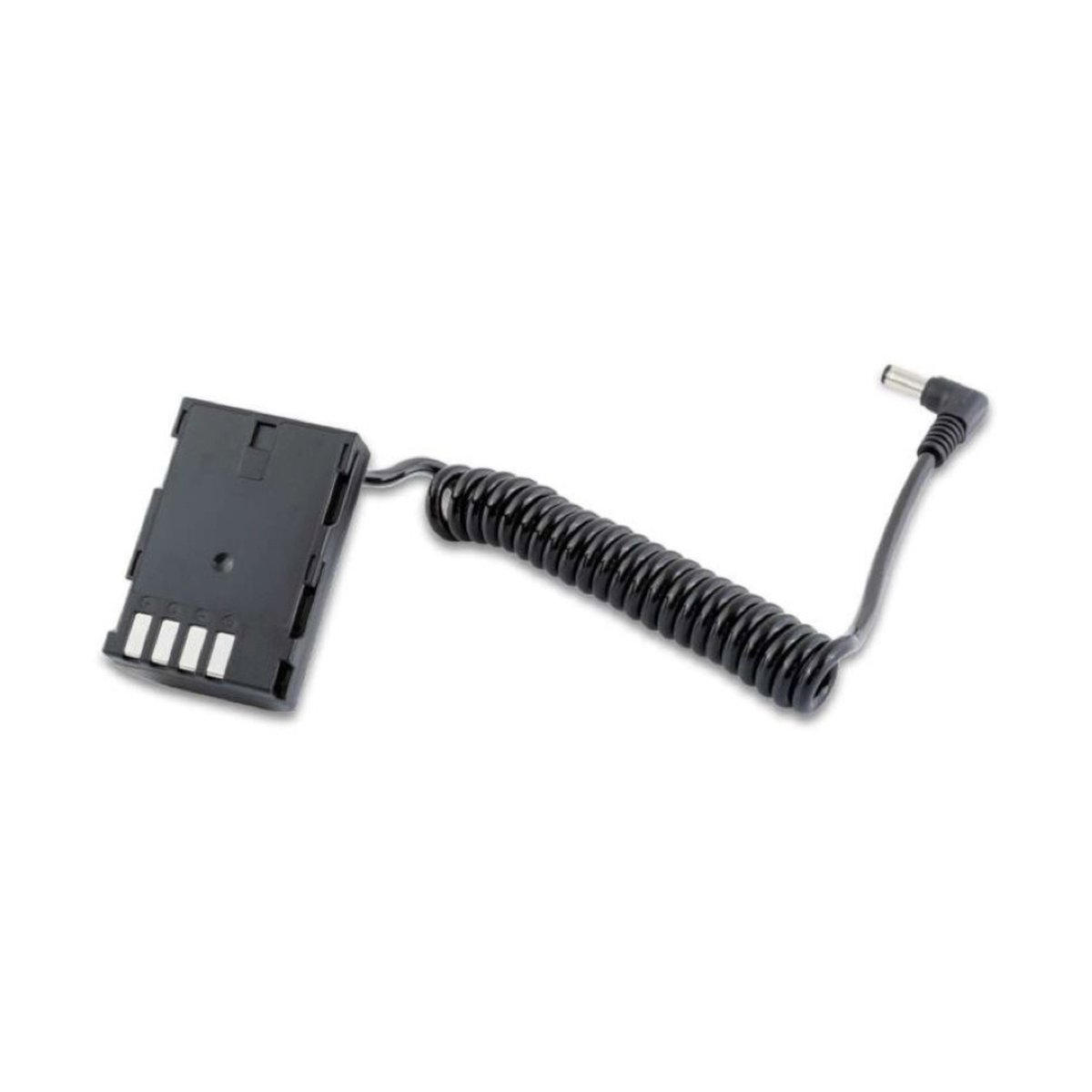 Feelworld DR-E6 dummy battery DR-E6 to DC - Produktansicht: Akku-Adapter mit Spiralkabel und DC-Stecker.