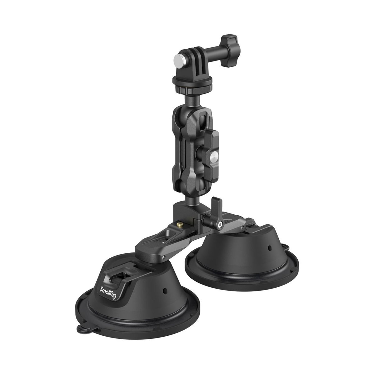 SmallRig 3566 SC-2K Portable Doppel-Saugnapf-Kamerahalterung - Produktansicht: Schwarze Doppelsaugnapf-Kamerahalterung mit verstellbarem Arm und GoPro-Anschluss.