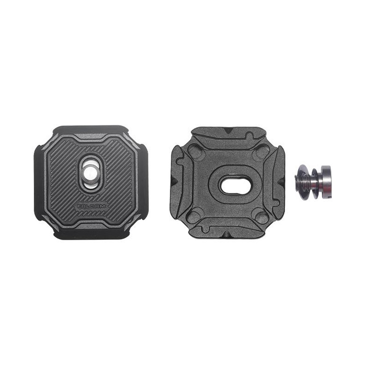 Falcam F38 Quick Release Buckle Kit for Shoulder Strap 3142 - Lieferumfang: Zwei schwarze Schnellwechselplatten (Ober- und Unterseite) und eine Befestigungsschraube.
