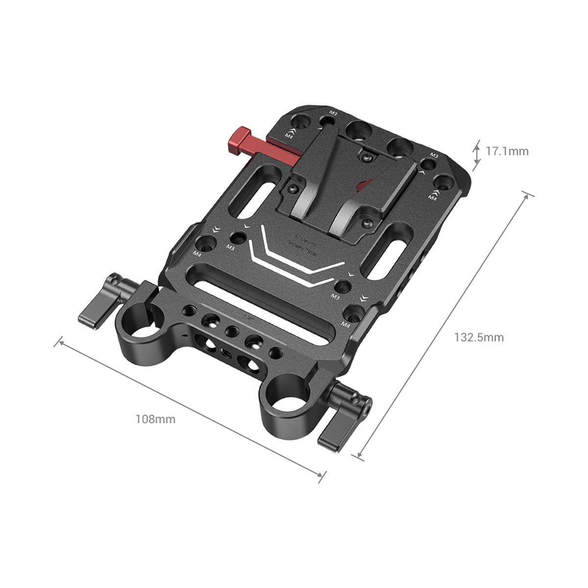 SmallRig 3016 V-Mount-Akku-Adapterplatte mit zwei 15 mm Stabklemmen - Ansicht mit Abmessungen der Kamerabefestigungsplatte und Rod-Klemmen