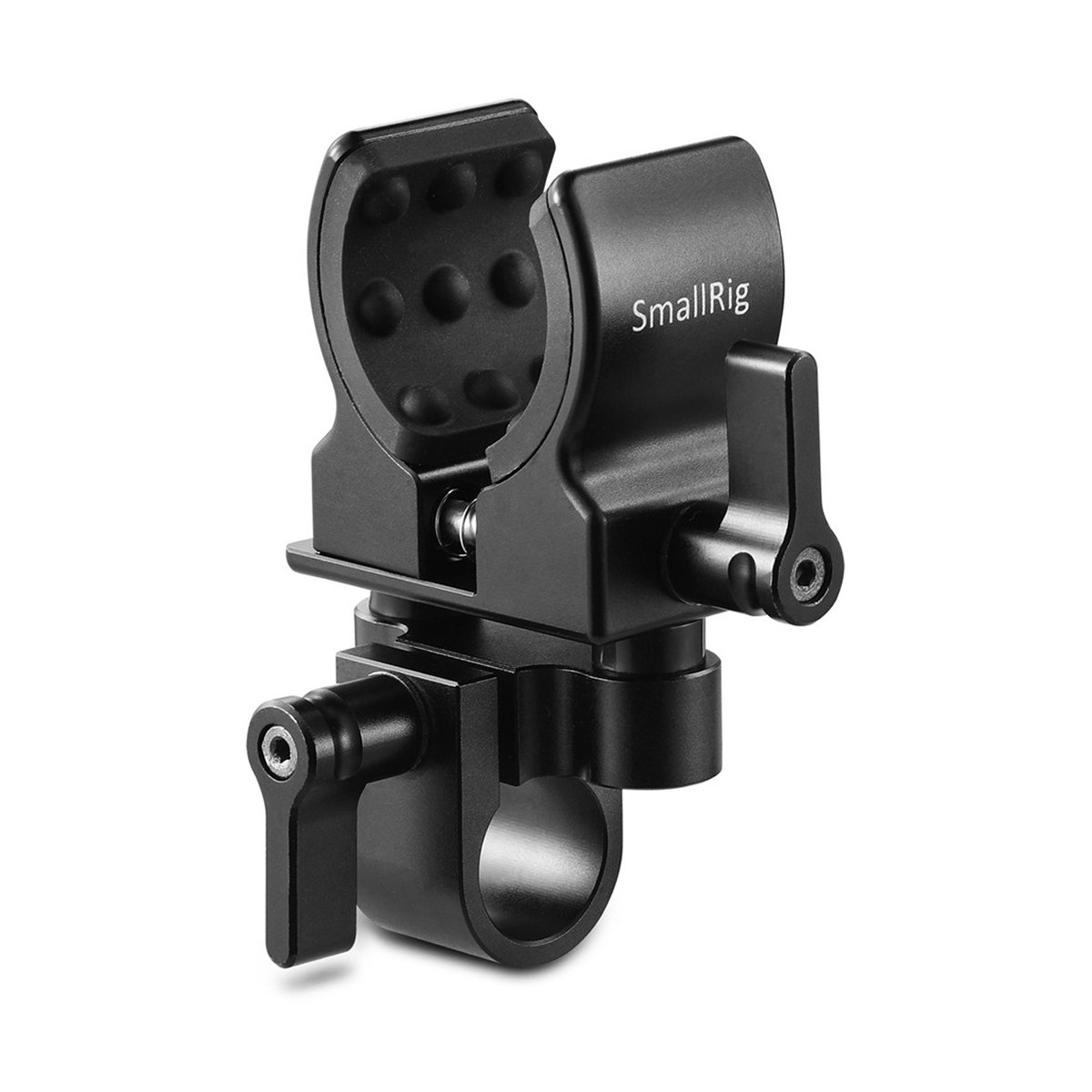 SmallRig 1993B Universal Shotgun Mikrofon Halterung - Vorderansicht der schwarzen SmallRig Multifunktionsklemme, bestehend aus Super Clamp und Rod Clamp.