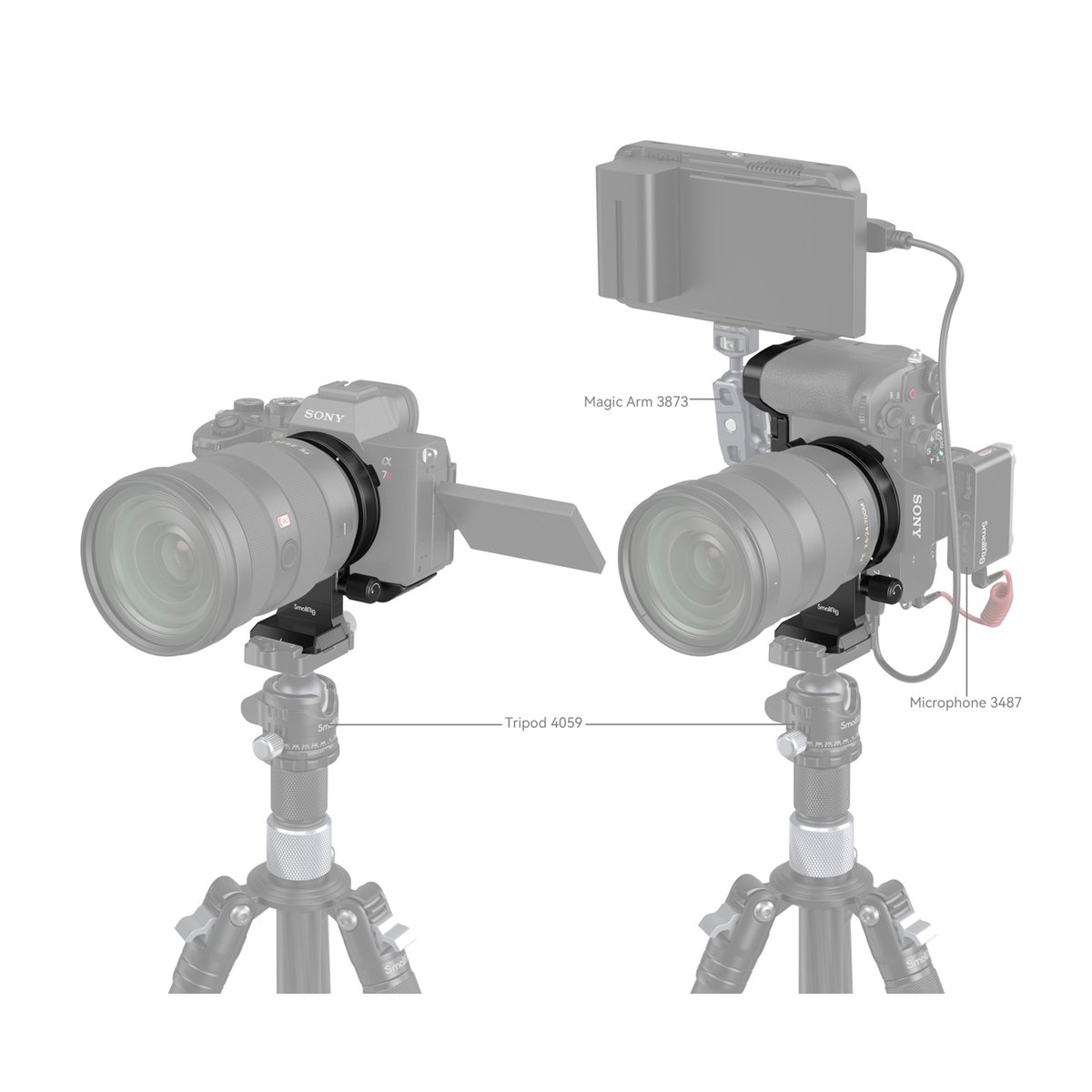 SmallRig 4148 Drehbares Horizontal- Vertikal Montageplatten-Kit - Anwendungsbeispiel: Zwei Kamera-Setups auf Stativen mit montiertem Zubehör