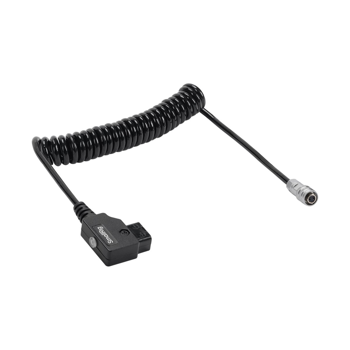SmallRig 4761 D-Tab zu BMPCC 4K/6K Stromkabel - Vollansicht des schwarzen Spiralkabels mit D-Tap und rundem 2-Pin-Stromstecker.