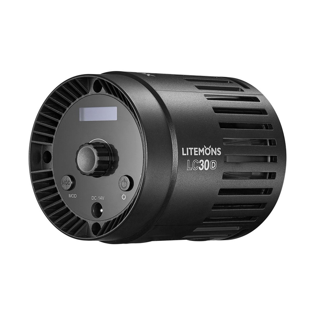 Godox Litemons LED Tabletop Video Light Double Light Kit - Frontansicht des schwarzen LITEMONS LC30D LED-Lichts mit Bedienelementen und Display.