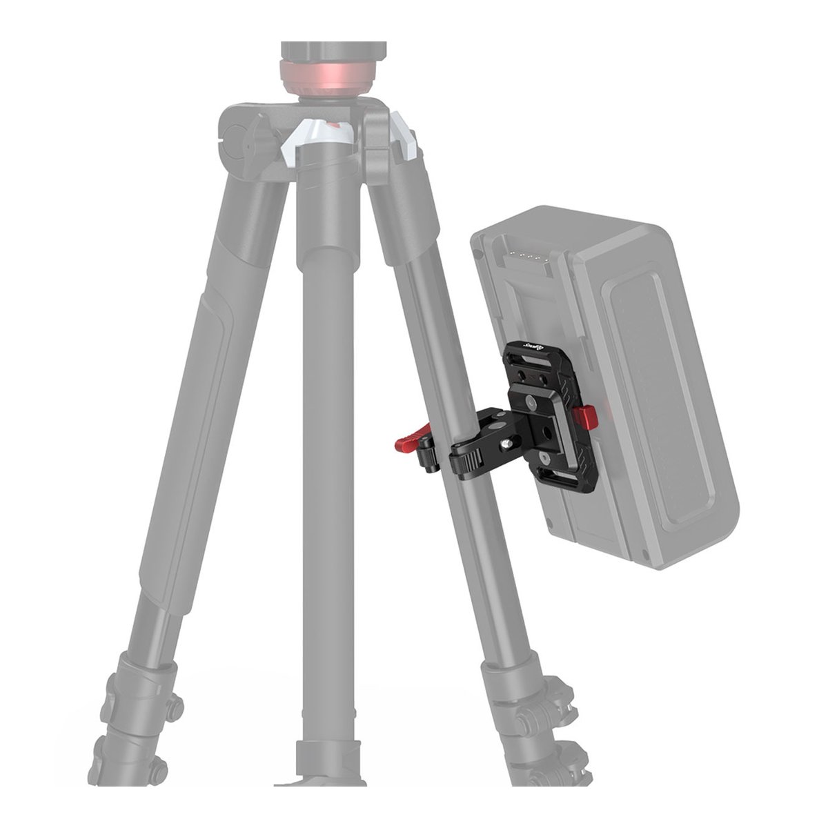 SmallRig 2989 Mini-V-Mount-Akkuadapter-Platte mit krabbenförmiger Klemme - Anwendungsbeispiel: Akku-Halterung an Stativbein montiert