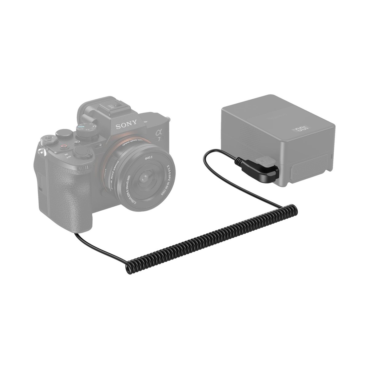 SmallRig 4253B D-Tap zu NP-FZ100 Dummy Batterie Stromkabel (Sony) - Anwendungsbeispiel: Sony Alpha 7 Kamera mit externem Akku über Spiralkabel verbunden