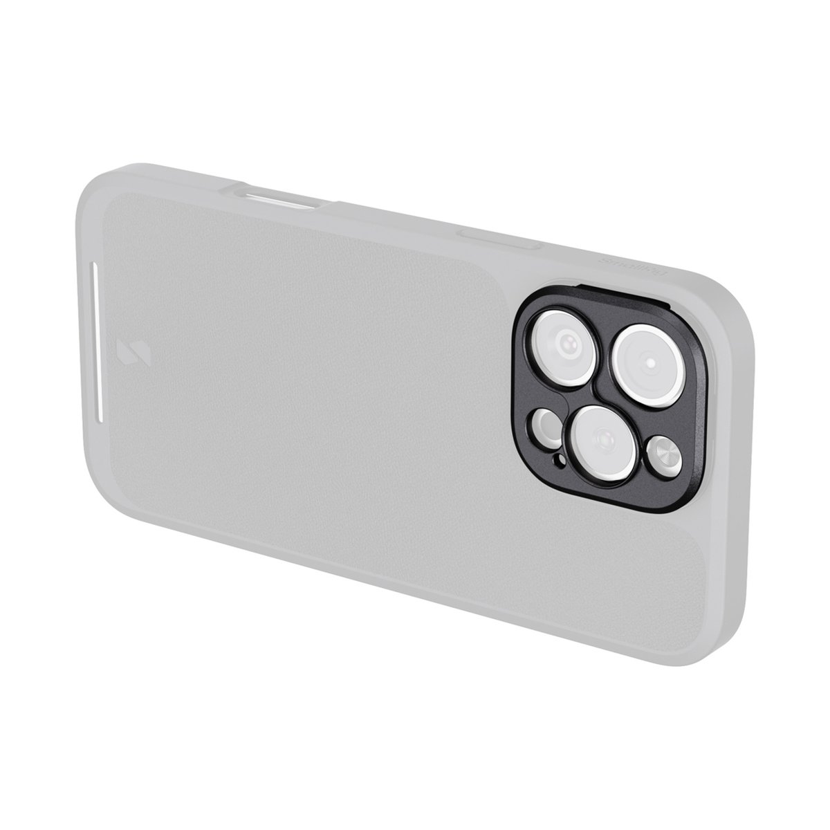 SmallRig 4992 Threaded Lens Mount Plate FilMov 17mm, für iPhone 16 Series Cases - Rückansicht eines hellgrauen Smartphone-Gehäuses mit schwarzem Kameraschutzmodul