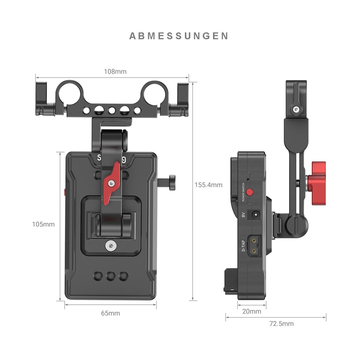 SmallRig 3499 V-Mount-Akkuadapterplatte (Basic Version) mit Verlängerungsarm - Abmessungen eines Kamera-Montagesystems: Front- und Seitenansicht mit allen Maßangaben.