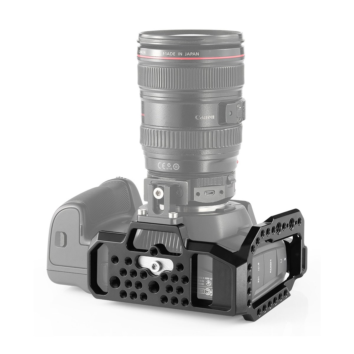 SmallRig 2254B Halbkäfig für BMPCC 4K/6K - Kamerakäfig an Canon DSLR mit Objektiv, Anwendungsbeispiel schräg von vorne