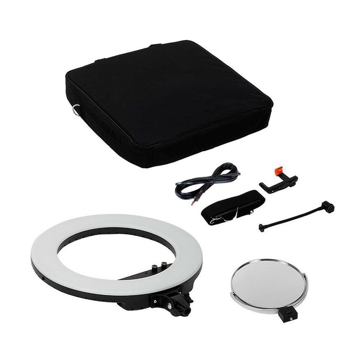 Caruba Vlogger 18 Zoll rund LED, Economy Set mit Tasche - Schwarz - Lieferumfang des Ringlicht-Kits mit Ringlicht, Transporttasche, Spiegel und Zubehör