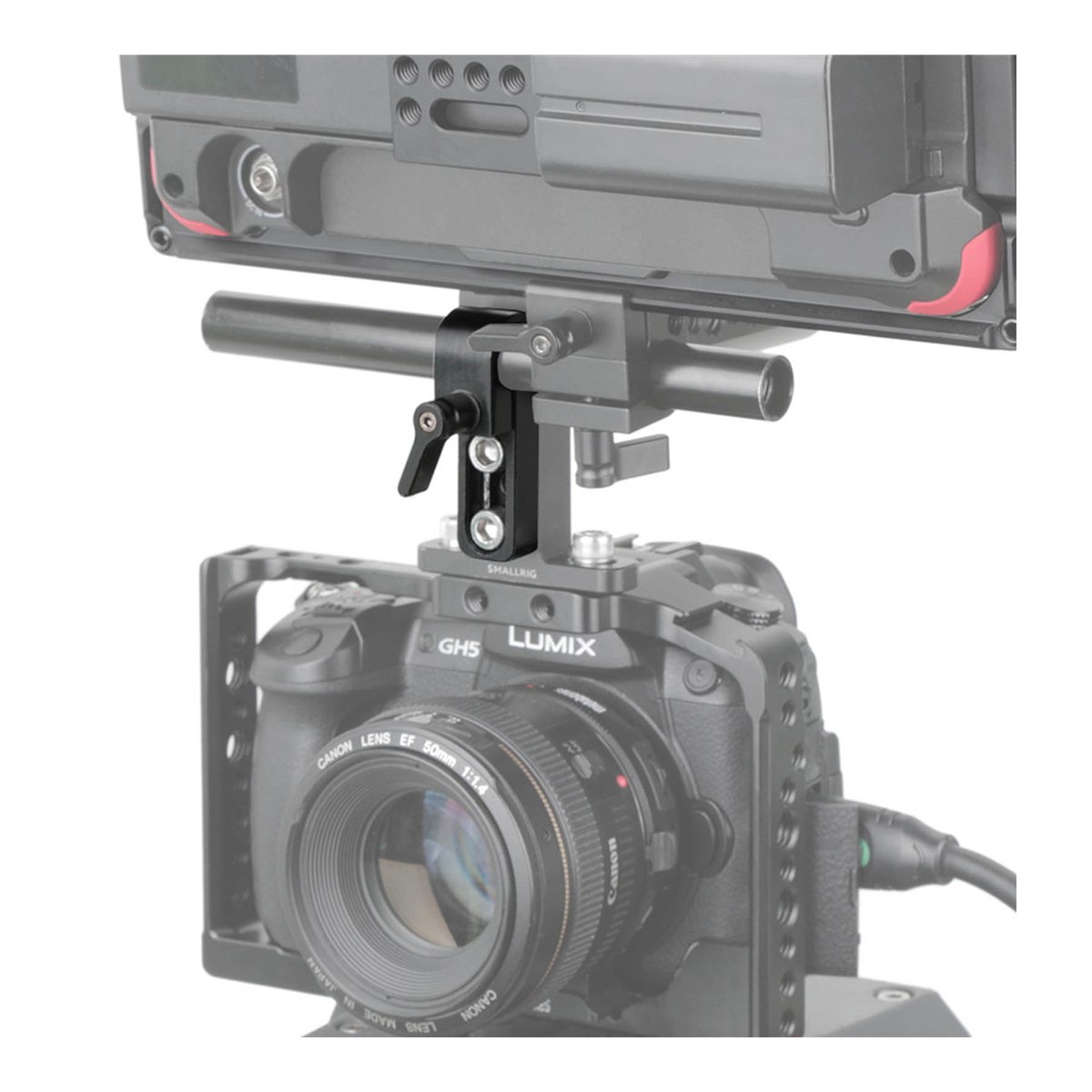 SmallRig 1549 Single 15mm Rail Clamp - Anwendungsbeispiel: Rod Clamp am Kamerarig mit Top-Handle und Monitor