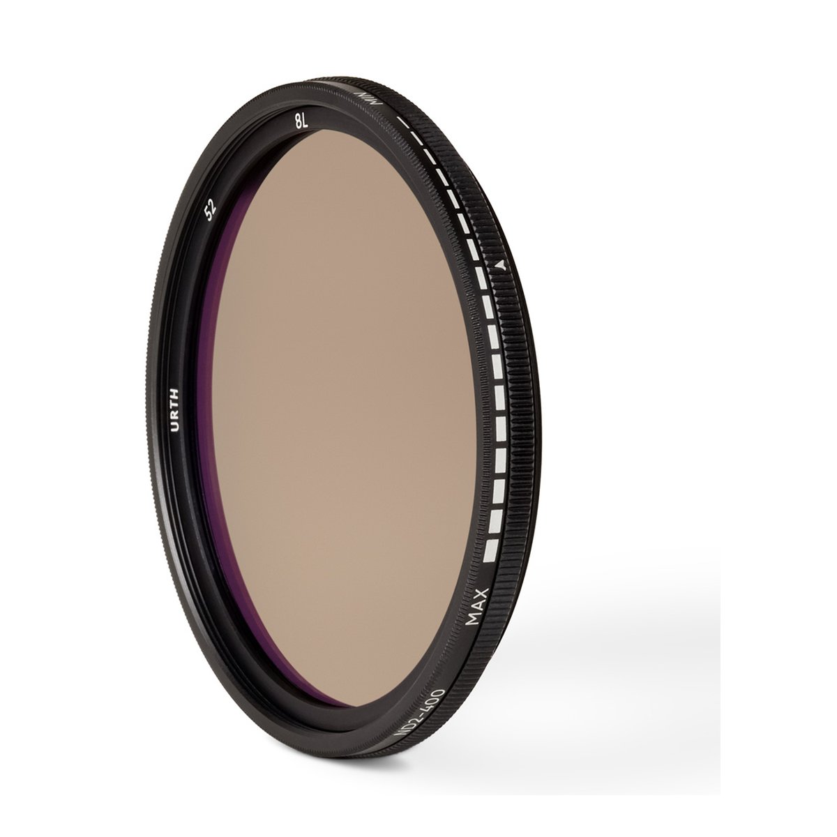 Urth 52mm ND2-400 (1-8.6 Stop) Variable ND Objektivfilter - Urth variabler ND-Filter, schräge Ansicht des Verstellrings mit MIN/MAX-Markierungen