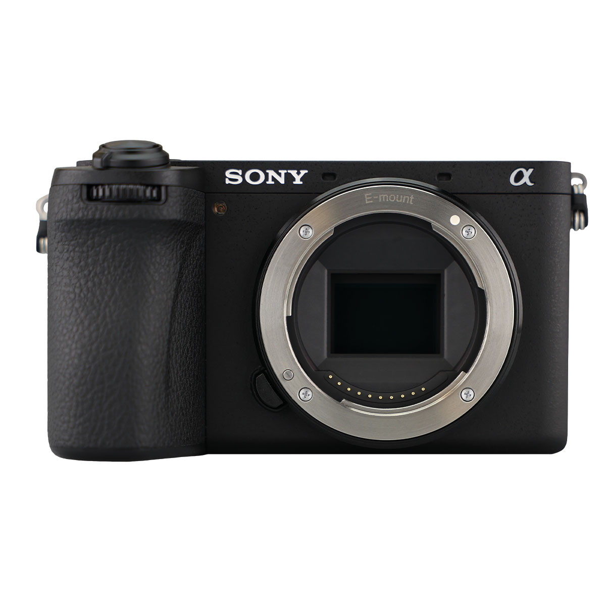 Sony Alpha 6700 Systemkamera Frontalansicht der Sony Alpha 6700 vor weißem Hintergrund ohne Frontdeckel