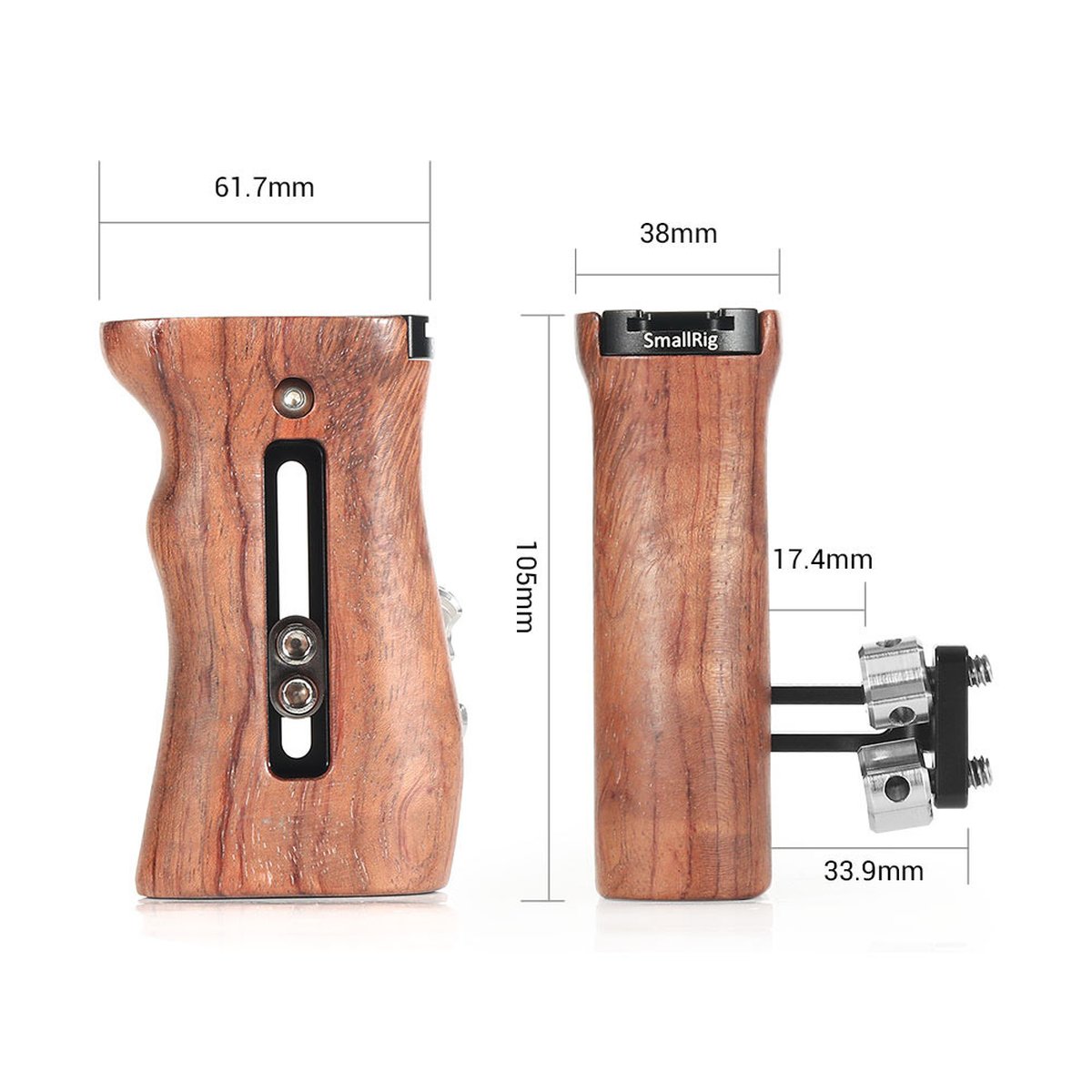 SmallRig 2093 Universeller Holzgriff justierbar - Ansicht des SmallRig Kamera-Holzgriffs mit allen Abmessungen.