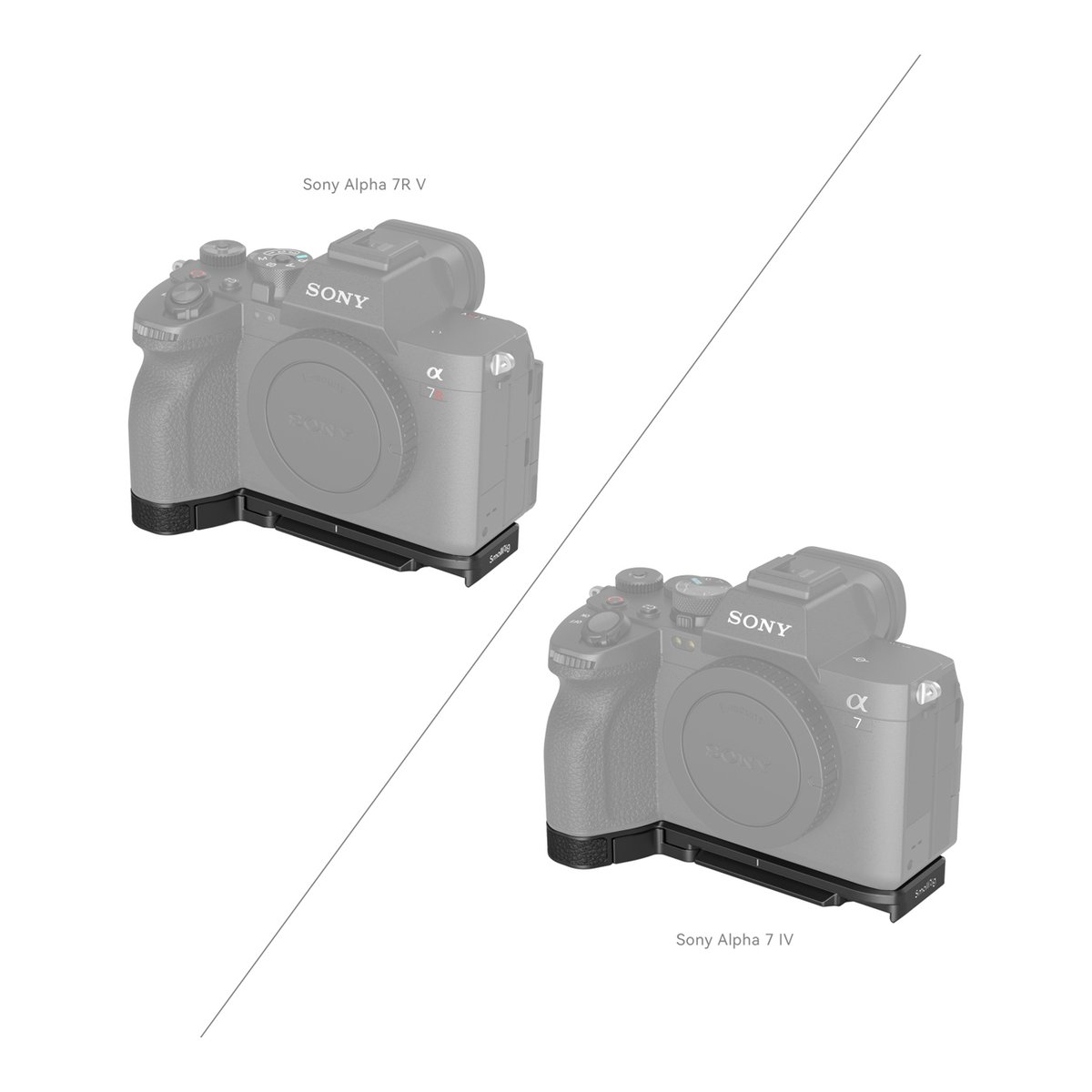 SmallRig 3666B Grundplatte für Sony Alpha 7R V+Alpha 7 IV - Front-Seitenansicht der L-Halterung an Sony Alpha 7R V und Alpha 7 IV zum Größenvergleich. SmallRig 3666B Grundplatte für Sony Alpha 7R V+Alpha 7 IV - Front-Seitenansicht der L-Halterung an Sony Alpha 7R V und Alpha 7 IV zum Größenvergleich.