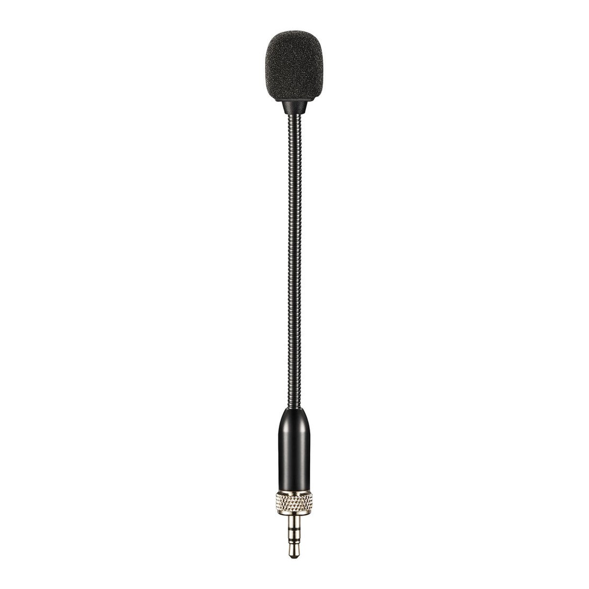 Godox Schwanenhalsmikrofon mit Kugelcharakteristik und 3,5-mm-Klinkenstecker - Frontansicht eines kleinen schwarzen Mikrofons mit flexiblem Schwanenhals und Klinkenanschluss.