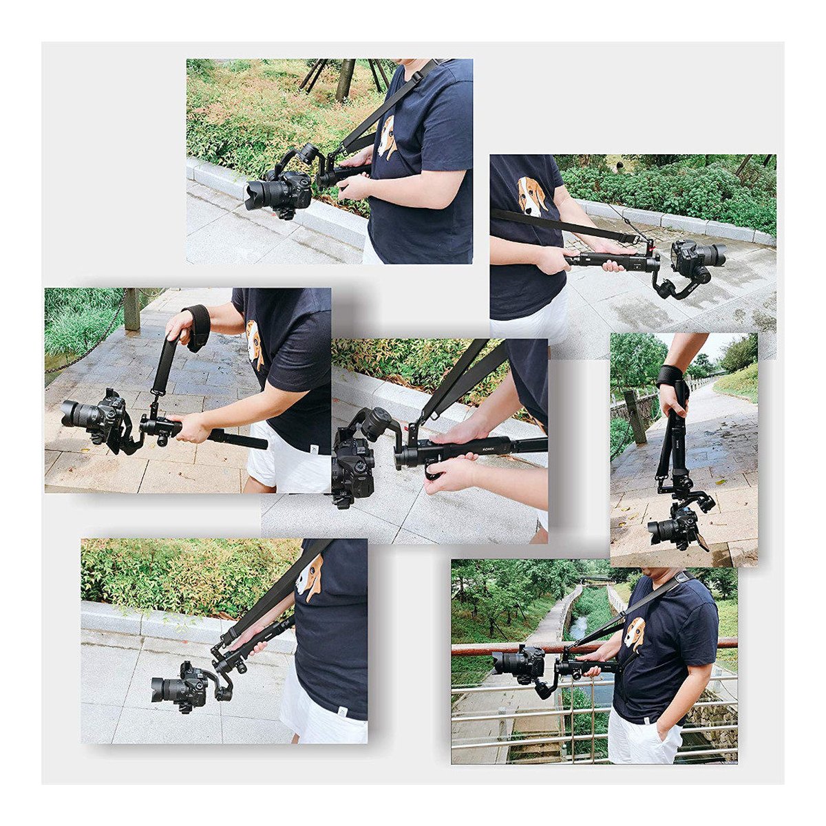 Caruba Gewichtsentlastungsriemen + Gimbal-Klemme für Ronin S - Anwendungsbeispiele des Kamera-Gimbals: Tragen mit Schultergurt/Handschlaufe und Nutzung in verschiedenen Situationen