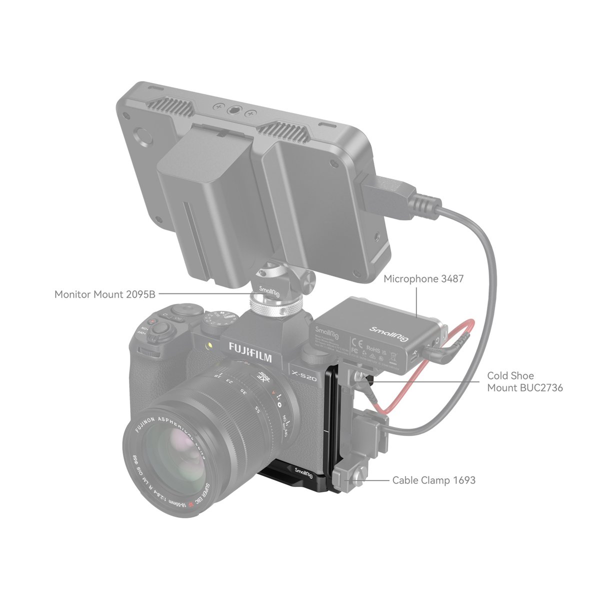 SmallRig 4231 L-Bracket für Fujifilm X-S20 - Anwendungsbeispiel: Kamera-Rig mit SmallRig Monitorhalter, Cold Shoe Mount, Mikrofon und Kabelklemme.