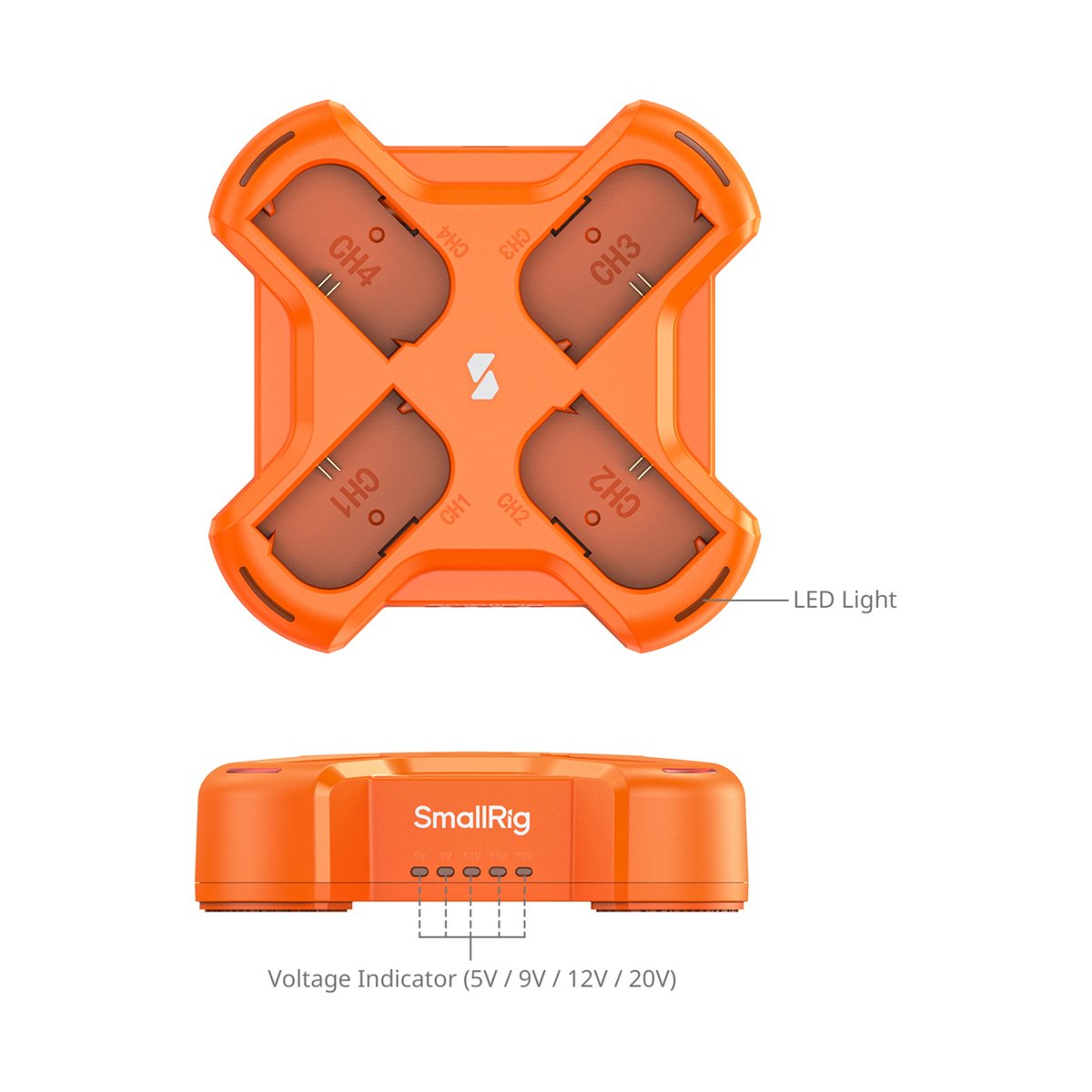 SmallRig 4838 LP-E6NH 4-Channel Camera Battery Charger - Ober- und Seitenansicht des orangefarbenen SmallRig Ladegeräts mit 4 Kanälen, LED-Licht und Spannungsanzeige.