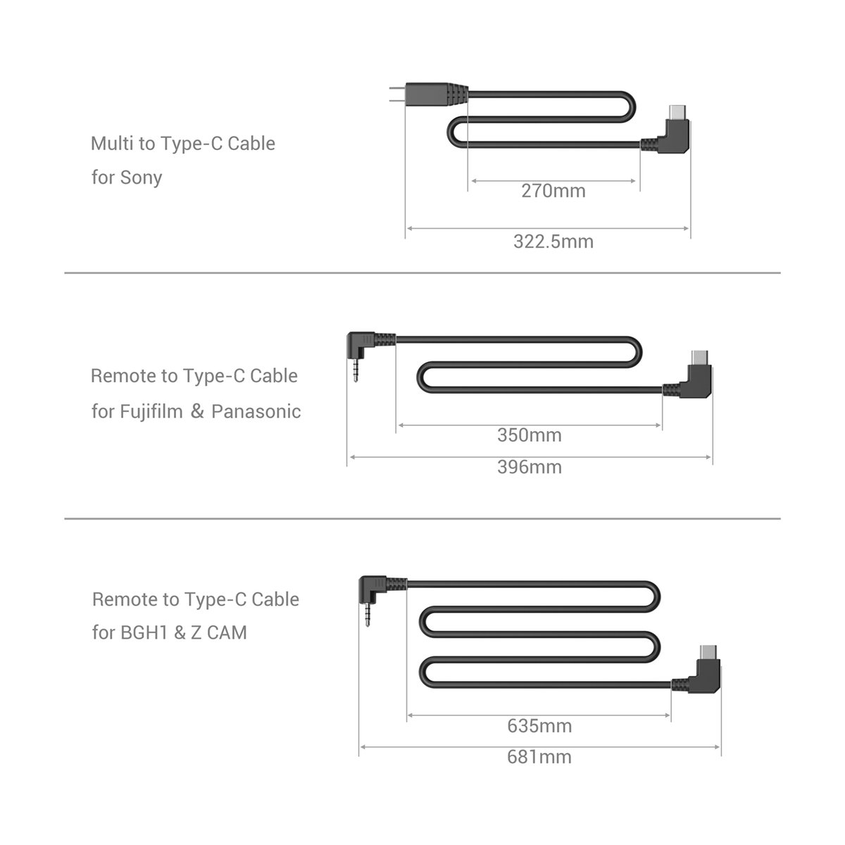 SmallRig 3322 Nato Top Handle with Record Start/Stop Remote Trigger - Technische Zeichnung: Maße und Kompatibilität von 3 verschiedenen Kamera-Kabeltypen.