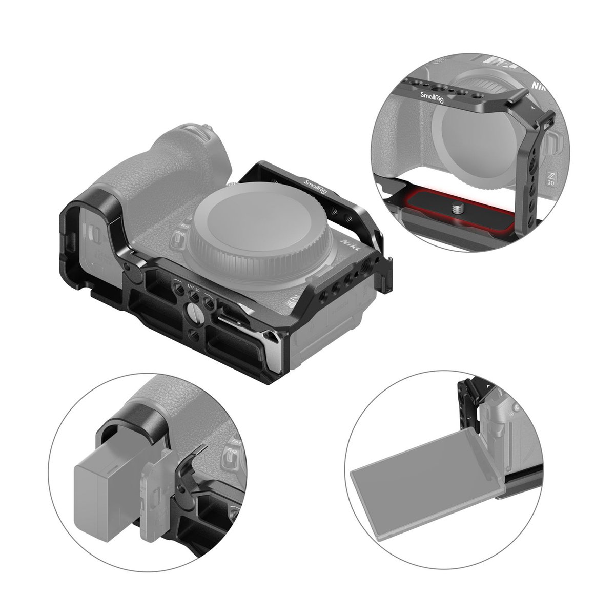 SmallRig 3858 Cage für Nikon Z 30 - Produktansicht Kamerakäfig: Überblick mit Detailansichten zu Akku-Zugang und Display-Bewegung.