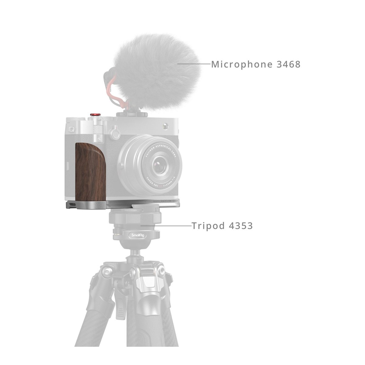 SmallRig 5265 L-Shape Mount Plate mit Holzgriff für Fujifilm GFX100RF silber - Anwendungsbeispiel: Kamera mit Holzgriff, Mikrofon & Stativ.