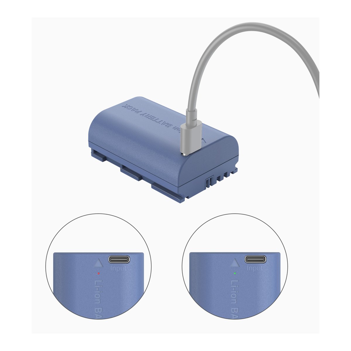 SmallRig 4264 LP-E6NH USB-C (Canon) aufladbare Kamerabatterie - Anwendungsbeispiel: Akku wird über USB-C Kabel geladen, mit Detailansichten des Ladeanschlusses.