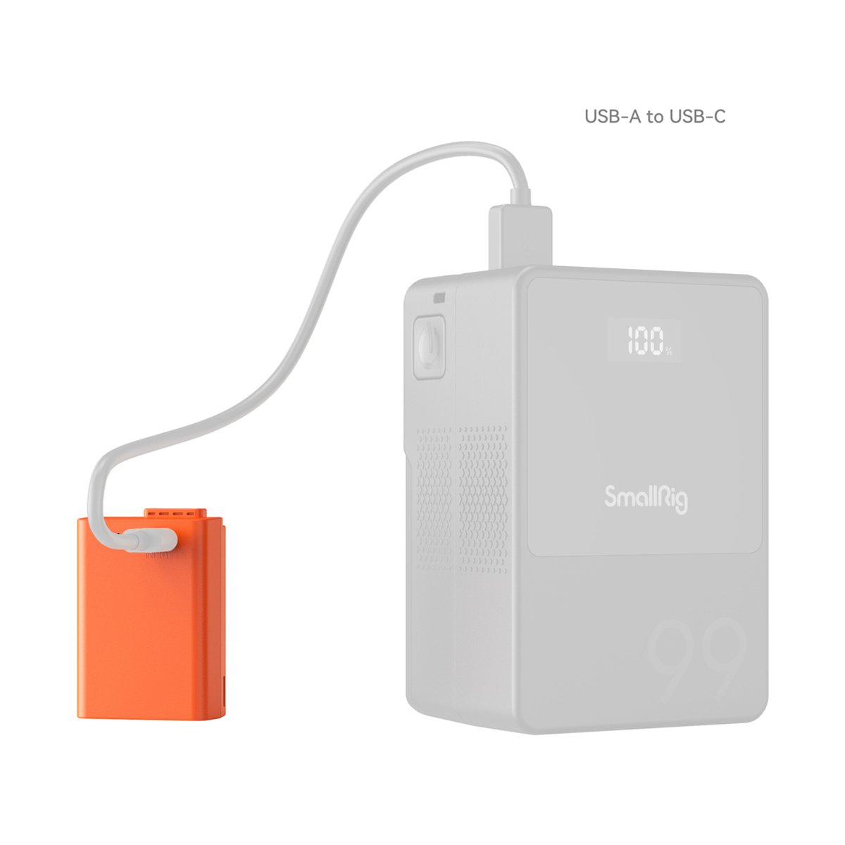 SmallRig 4967 EN-EL25 USB-C Rechargeable Camera Battery (Orange) - Anwendungsbeispiel: Orangefarbenes Gerät wird über USB-A auf USB-C Kabel von SmallRig Powerbank geladen.