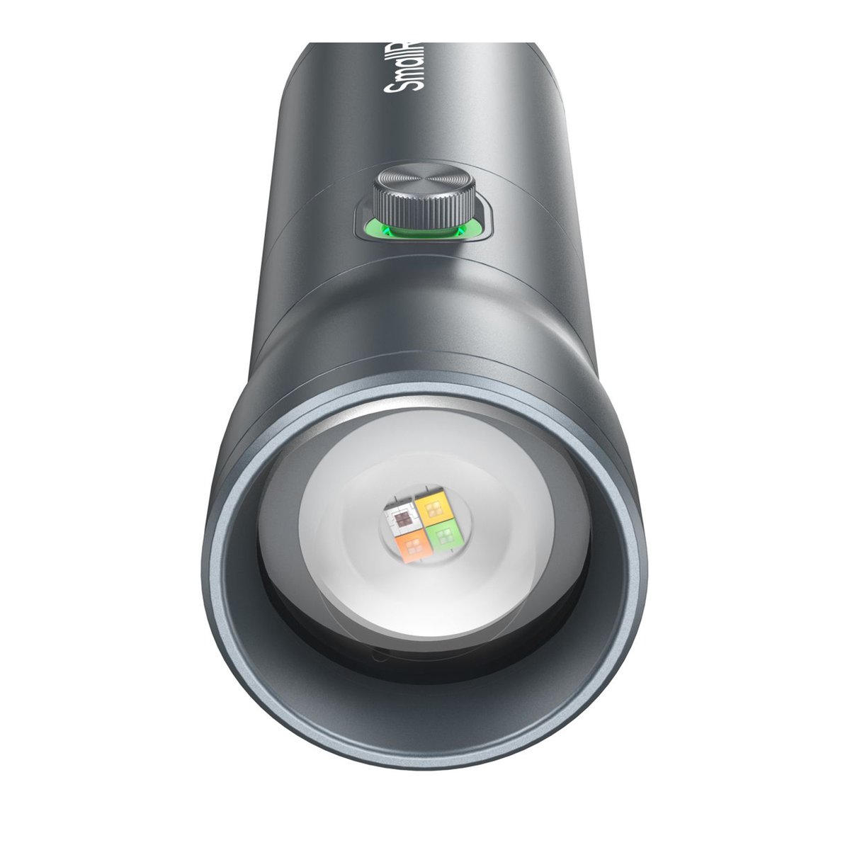 SmallRig 4634 RF 10C LED-Videolicht - Nahaufnahme des Taschenlampenkopfes mit Vierfach-LED-Array und Drehregler