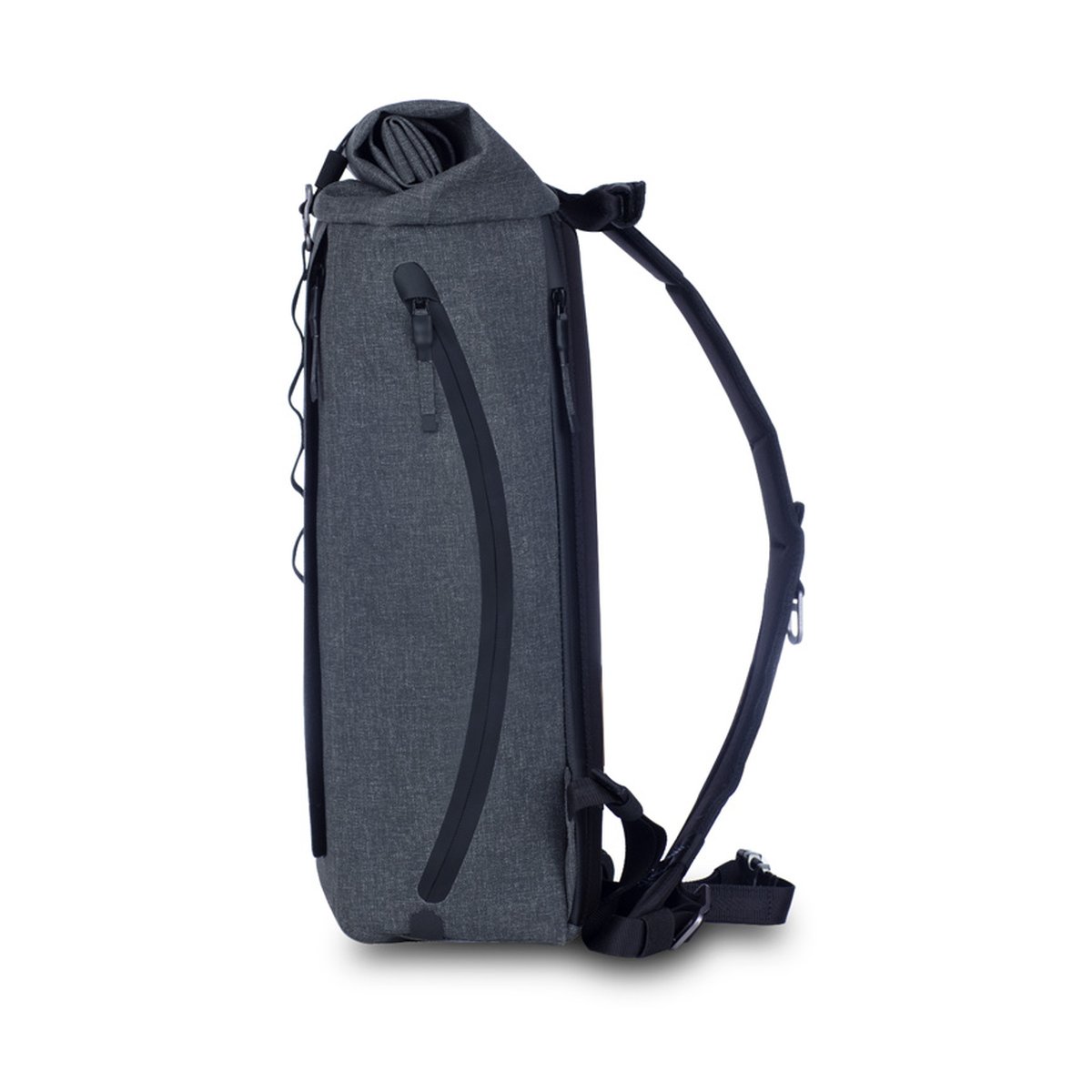F-Stop DYOTA 11 Battleship (dunkelgrau) - Seitenansicht des dunkelgrauen Rucksacks mit Rollverschluss und vertikalem Reißverschluss.