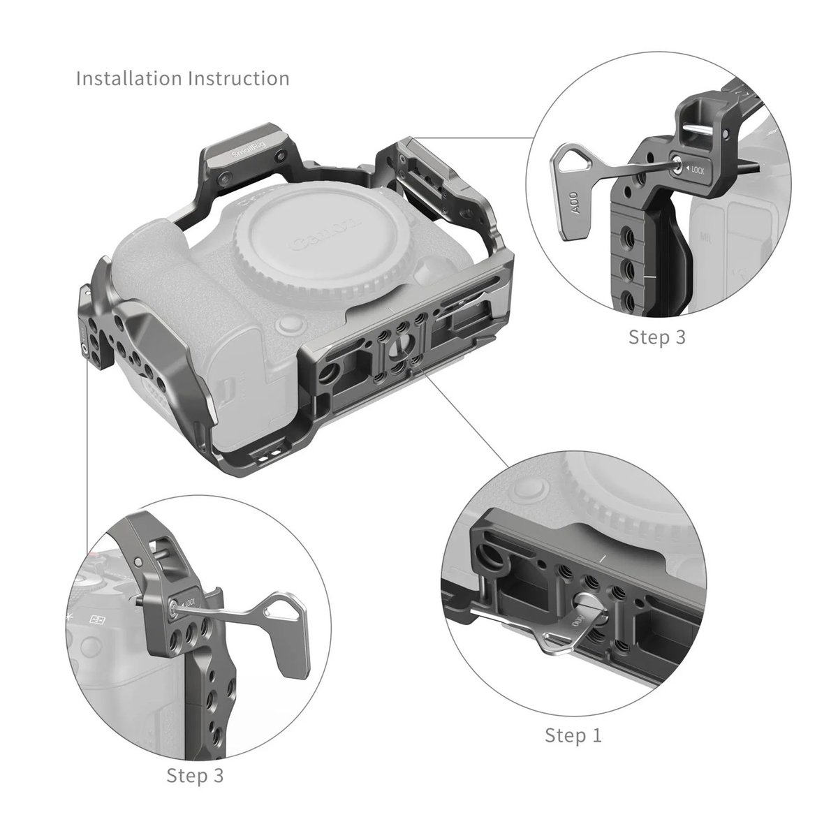 SmallRig 4977 HawkLock QR Cage f. Canon EOS R5 II - Installationsanleitung für Kamera-Cage: Gesamtansicht mit Kamera und Detailansichten der Befestigungsschritte.